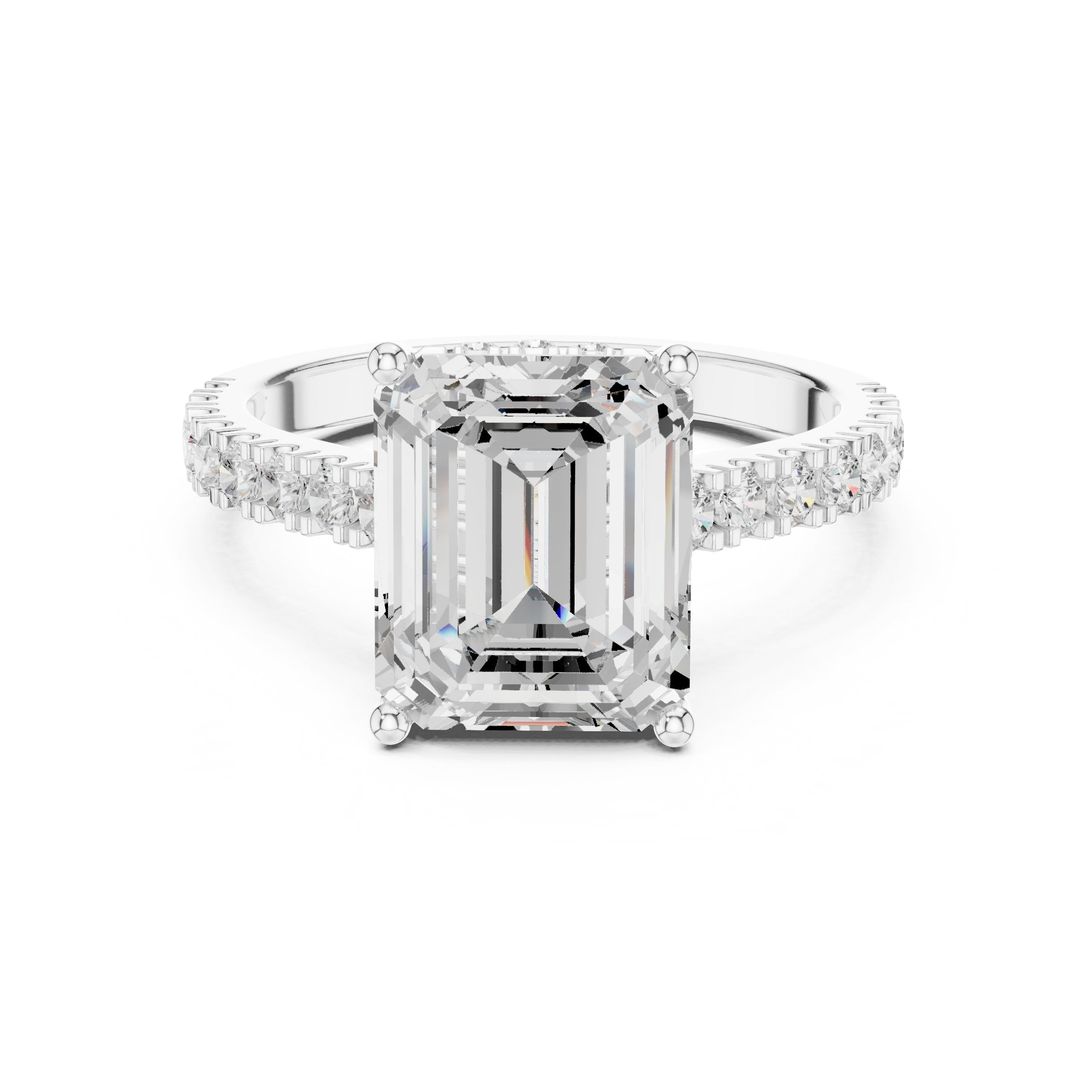 Emerald Cut Engagement Ring with Pavé Band in White Gold - VYKA Diamonds