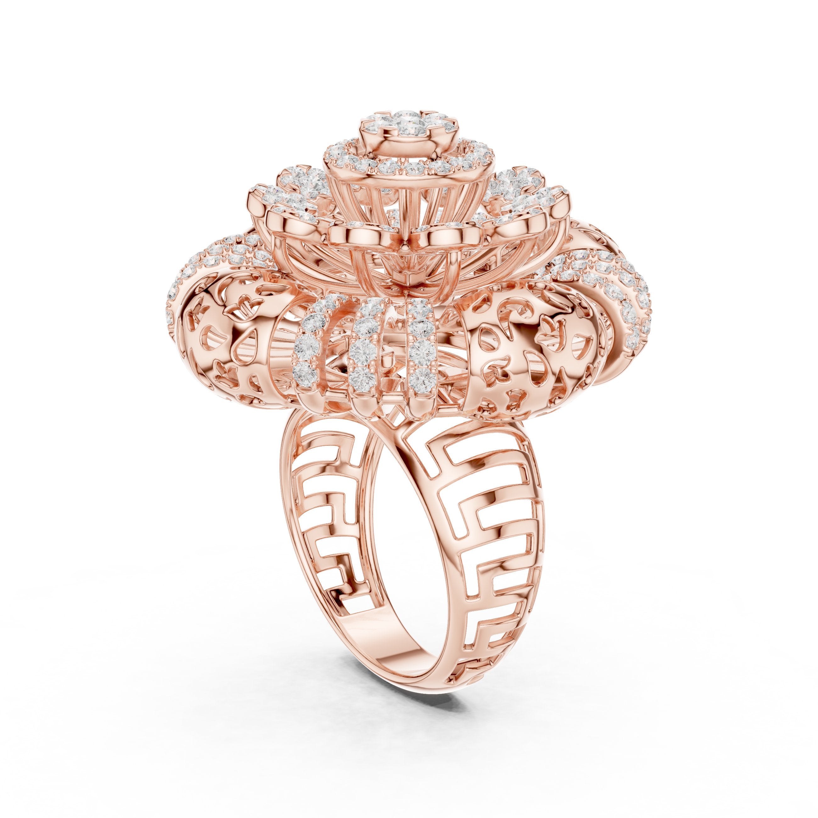 Round Diamond Floral Cluster Statement Engagement Ring in Rose Gold - VYKA Diamonds