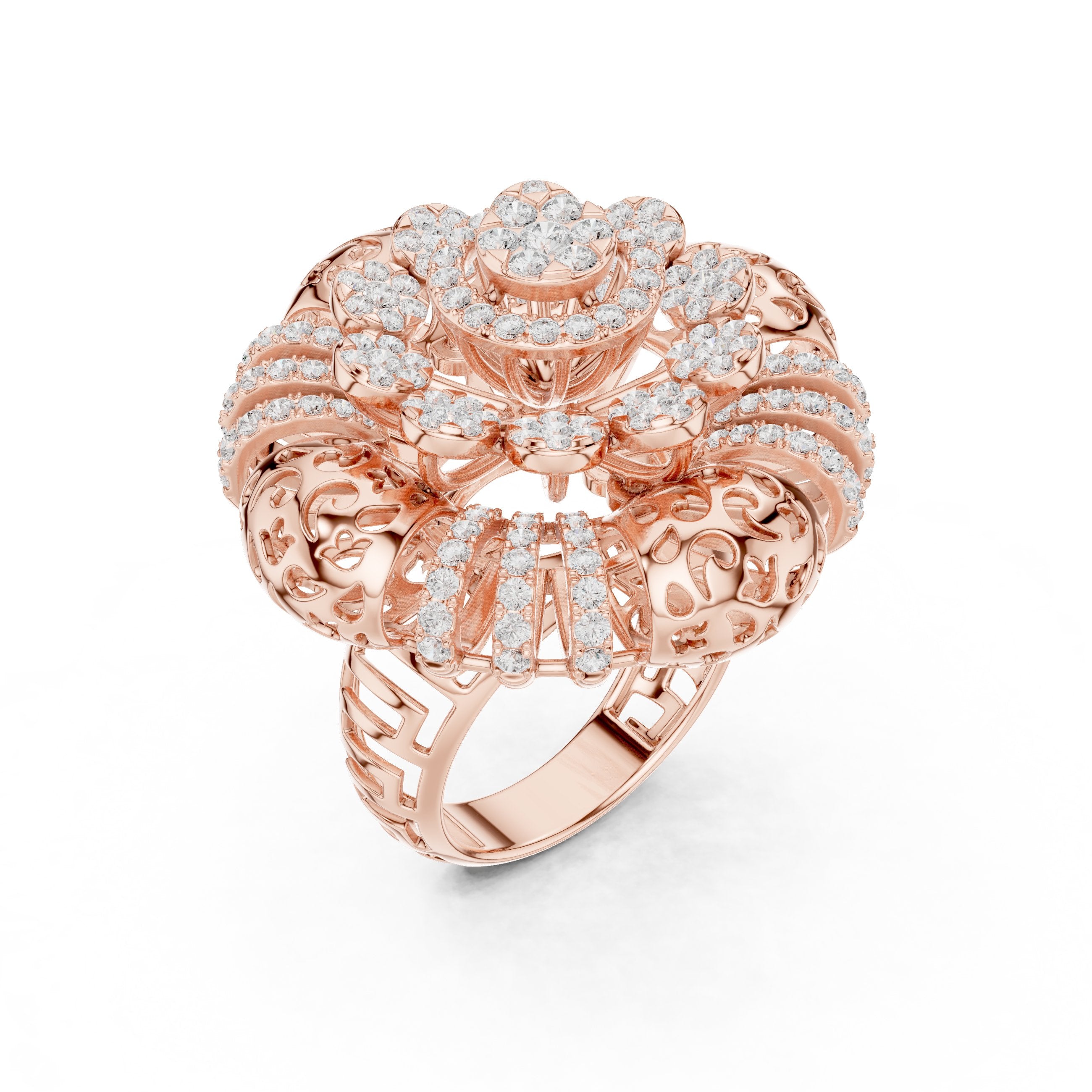 Round Diamond Floral Cluster Statement Engagement Ring in Rose Gold - VYKA Diamonds