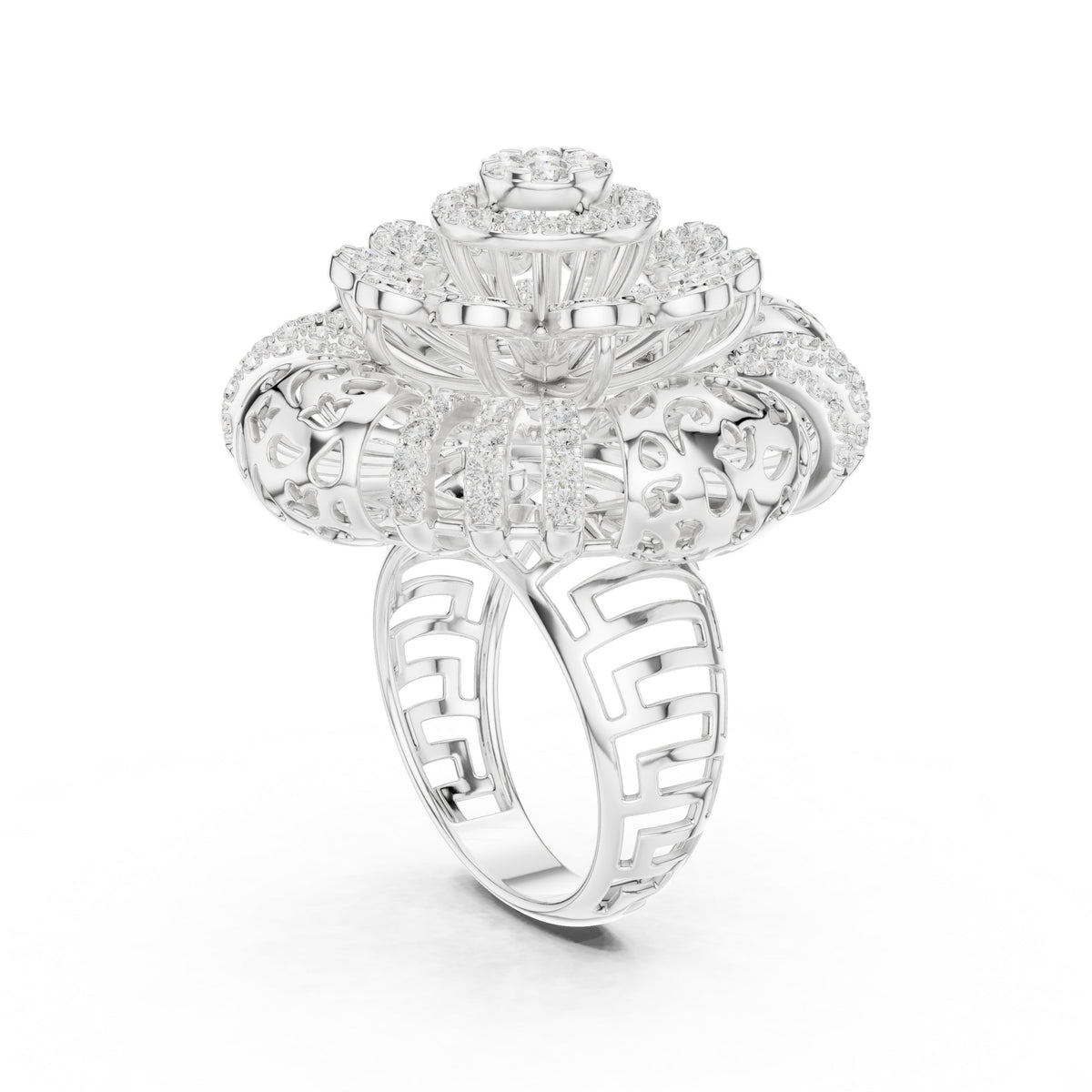 Round Diamond Floral Cluster Statement Engagement Ring
