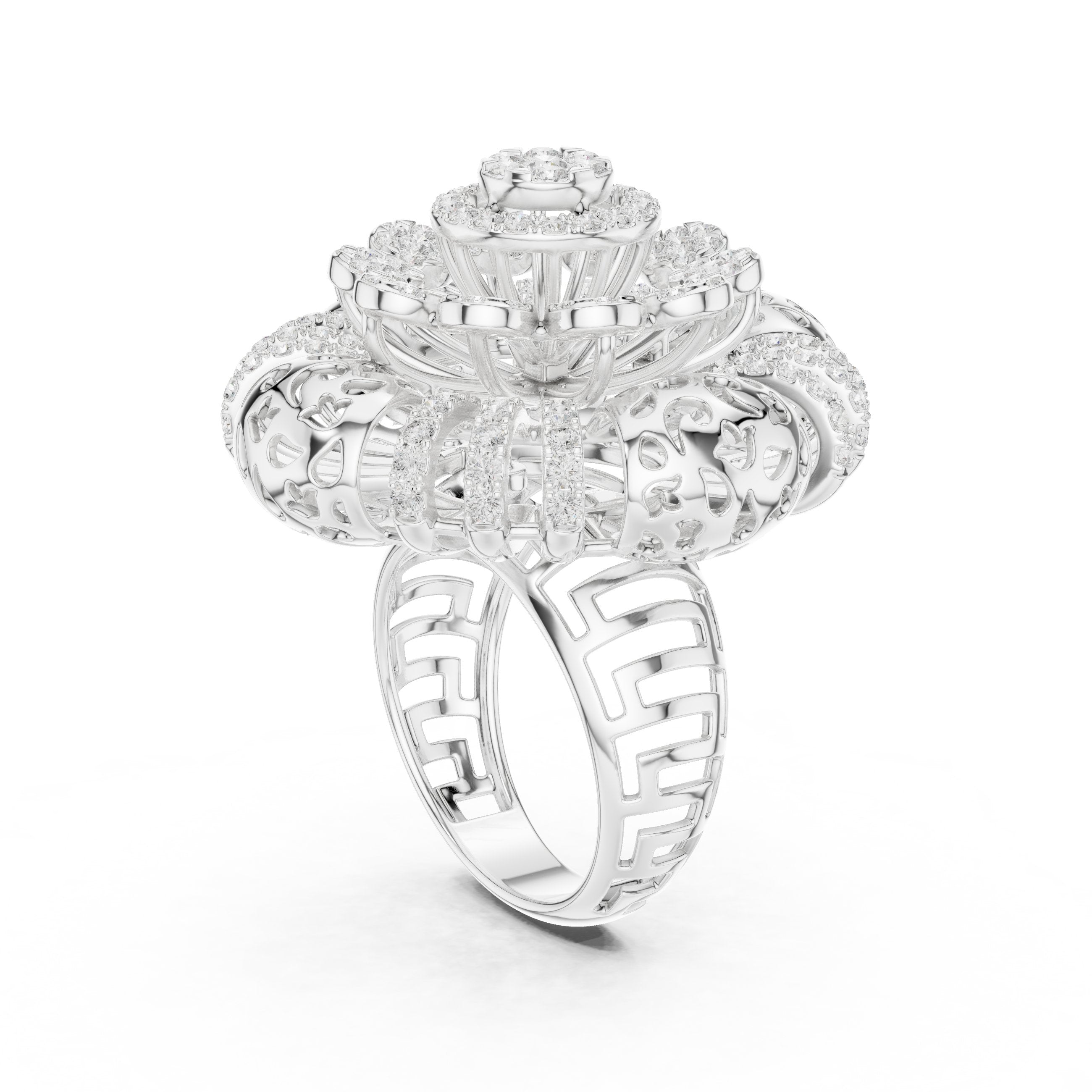 Round Diamond Floral Cluster Statement Engagement Ring in White Gold - VYKA Diamonds