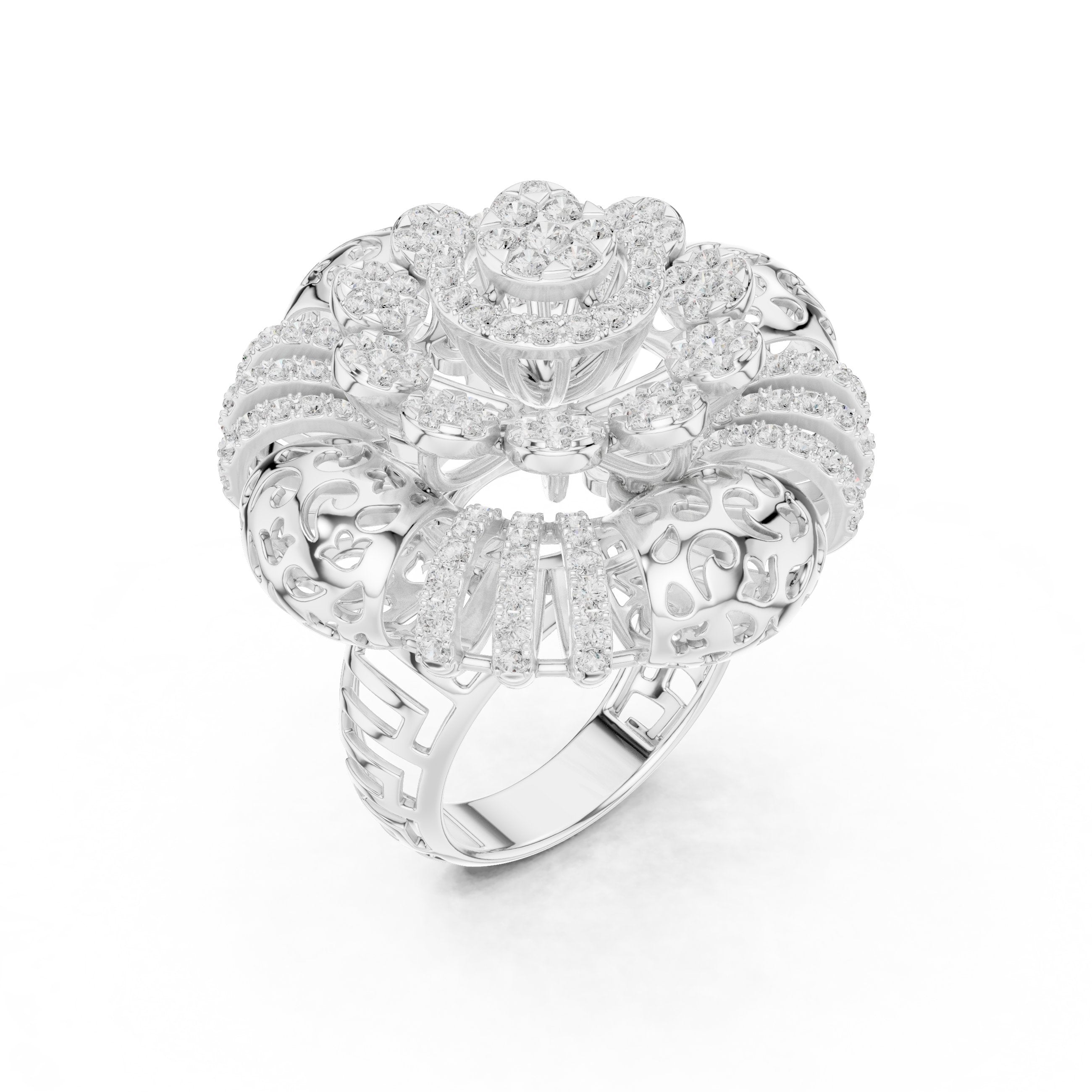 Round Diamond Floral Cluster Statement Engagement Ring in White Gold - VYKA Diamonds
