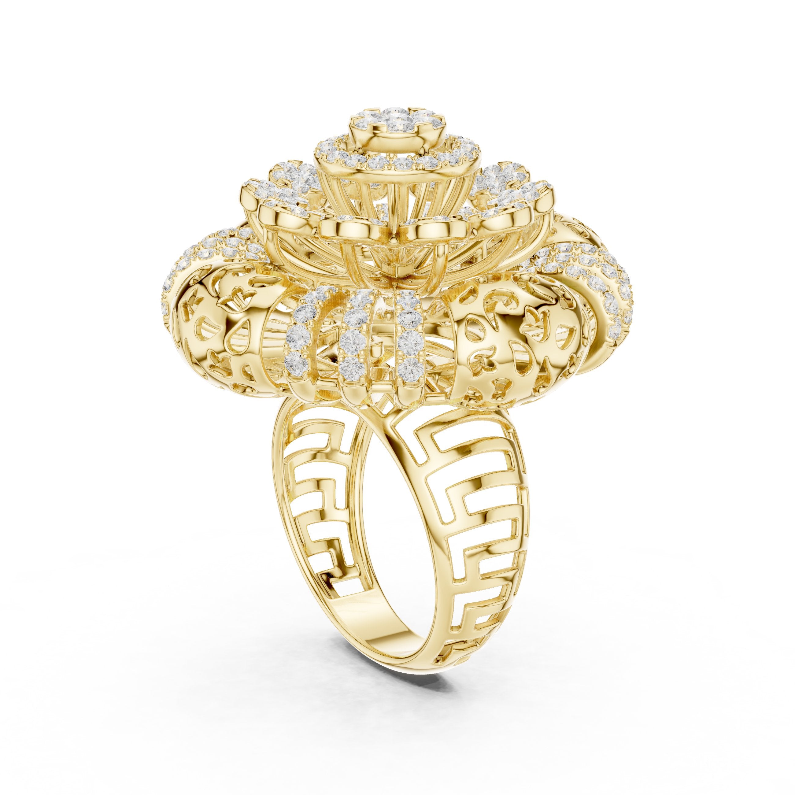 Round Diamond Floral Cluster Statement Engagement Ring in Yellow Gold - VYKA Diamonds