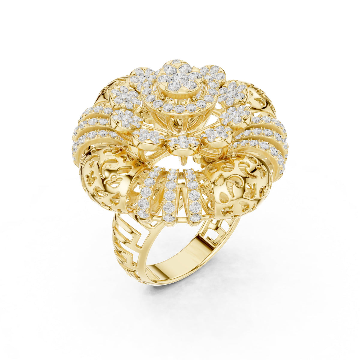 Round Diamond Floral Cluster Statement Engagement Ring