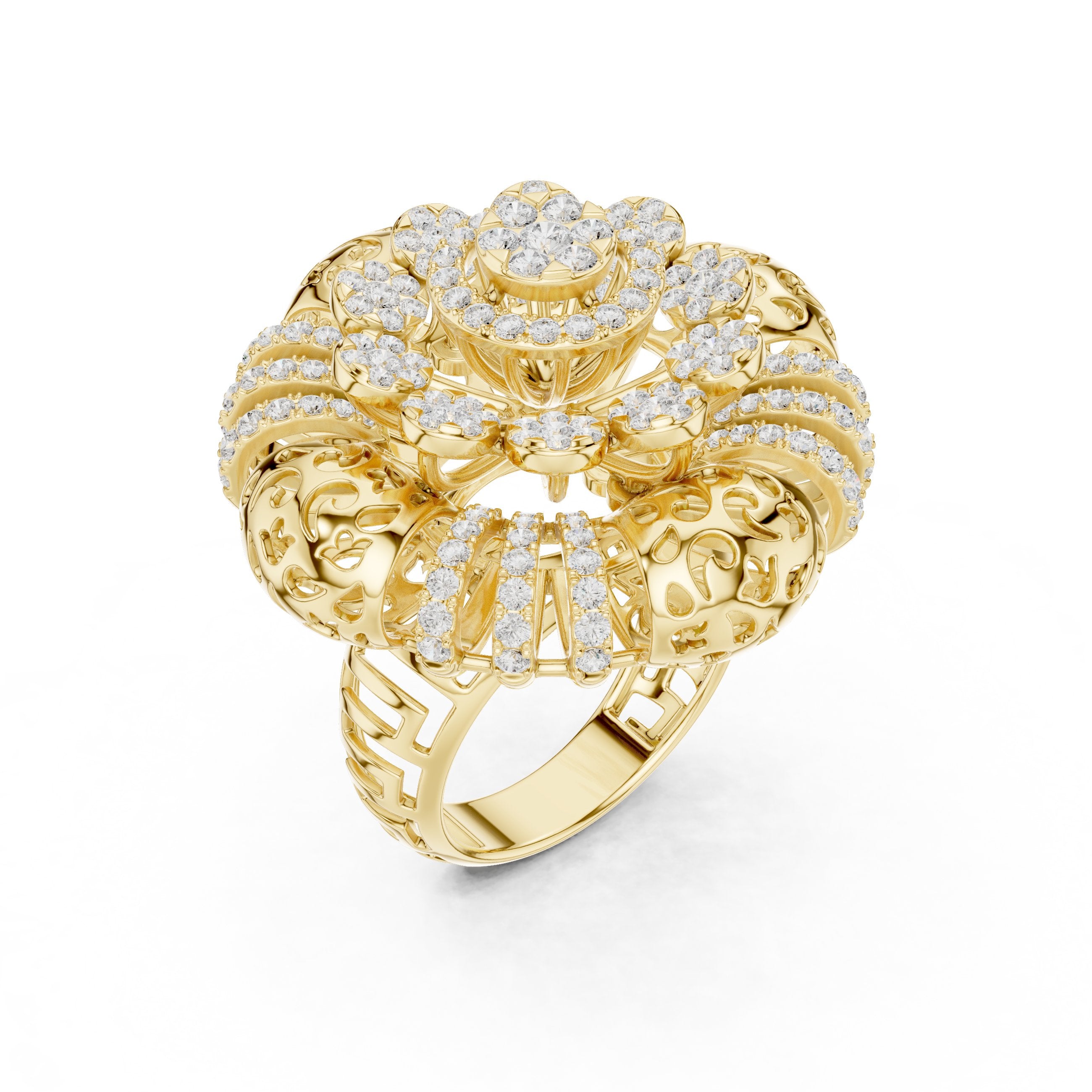Round Diamond Floral Cluster Statement Engagement Ring in Yellow Gold - VYKA Diamonds