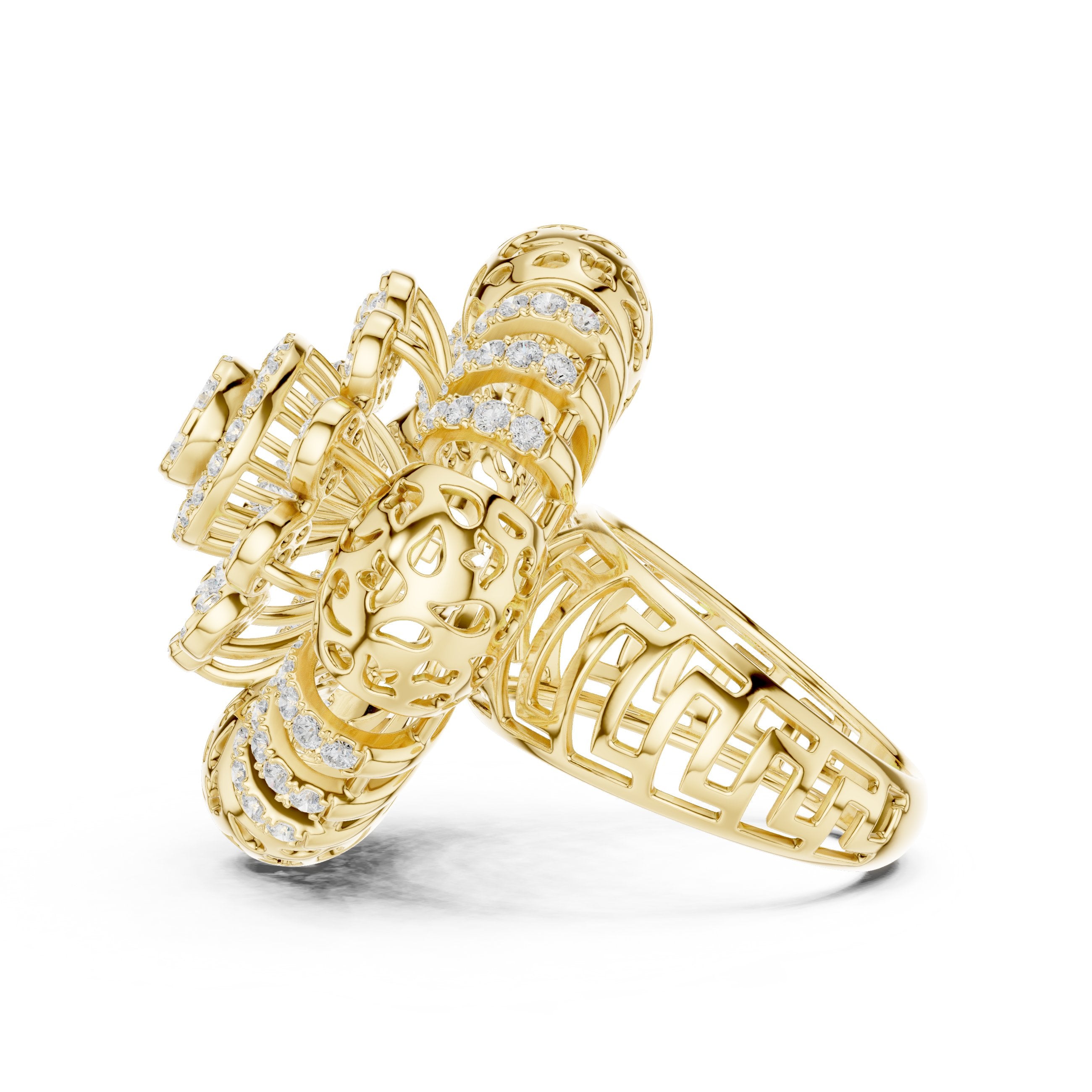 Round Diamond Floral Cluster Statement Engagement Ring in Yellow Gold - VYKA Diamonds
