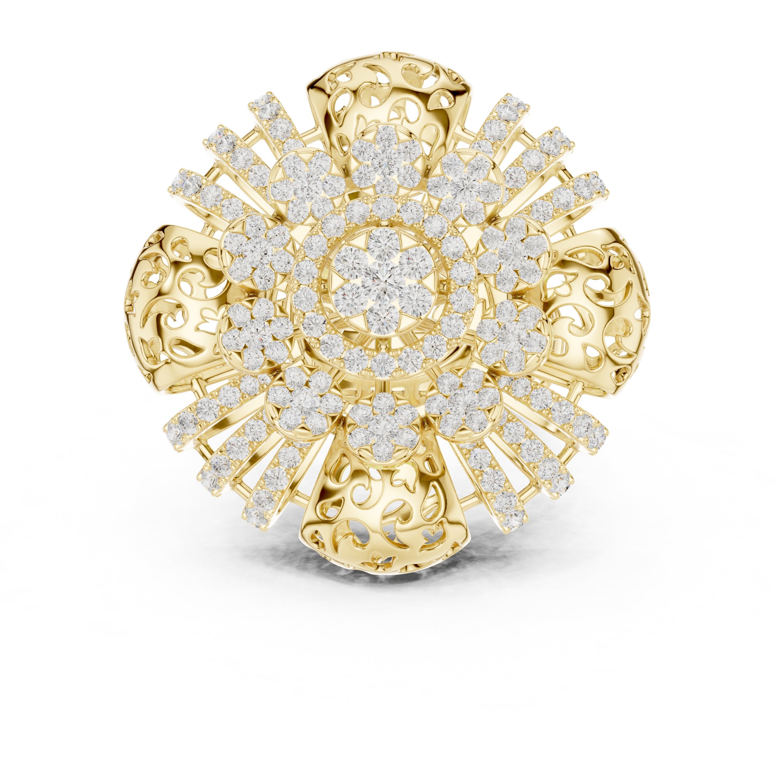 Round Diamond Floral Cluster Statement Engagement Ring in Yellow Gold - VYKA Diamonds