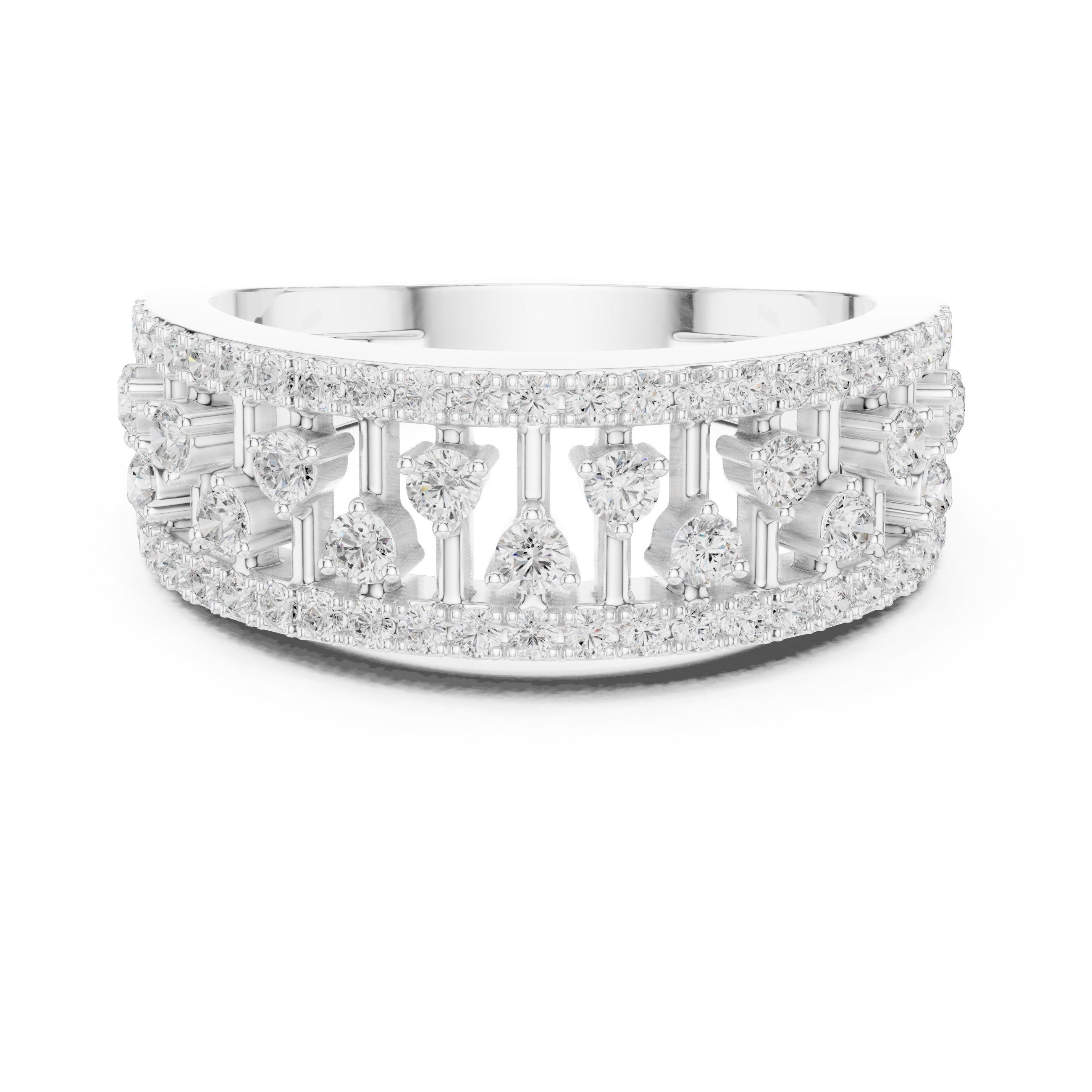 Round Diamond Wide Scattered Pavé Open-Metalwork Band in White Gold - VYKA Diamonds