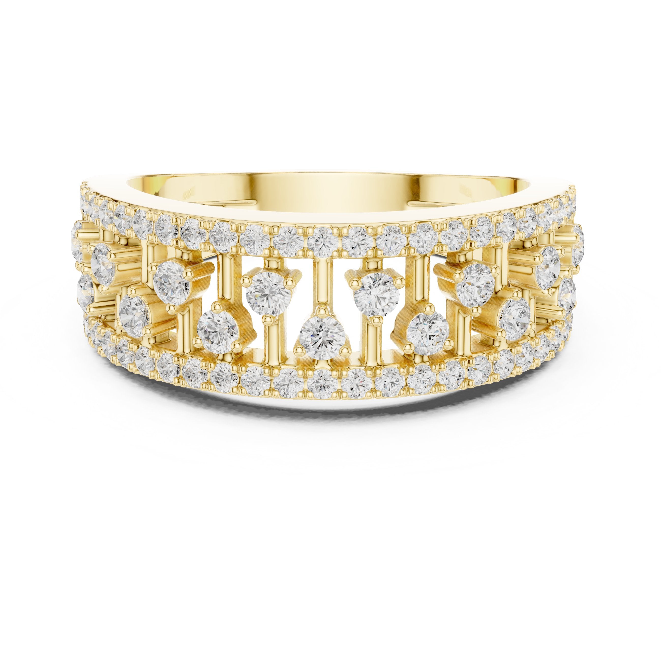 Round Diamond Wide Scattered Pavé Open-Metalwork Band in Yellow Gold - VYKA Diamonds