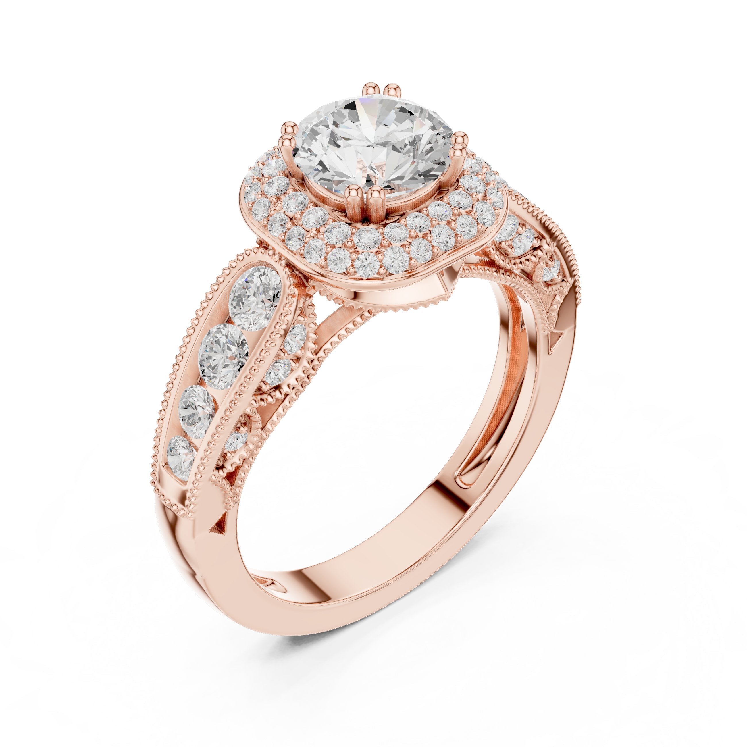 Round Diamond Cushion Halo Engagement Ring with Decorative Pavé Band in Rose Gold - VYKA Diamonds