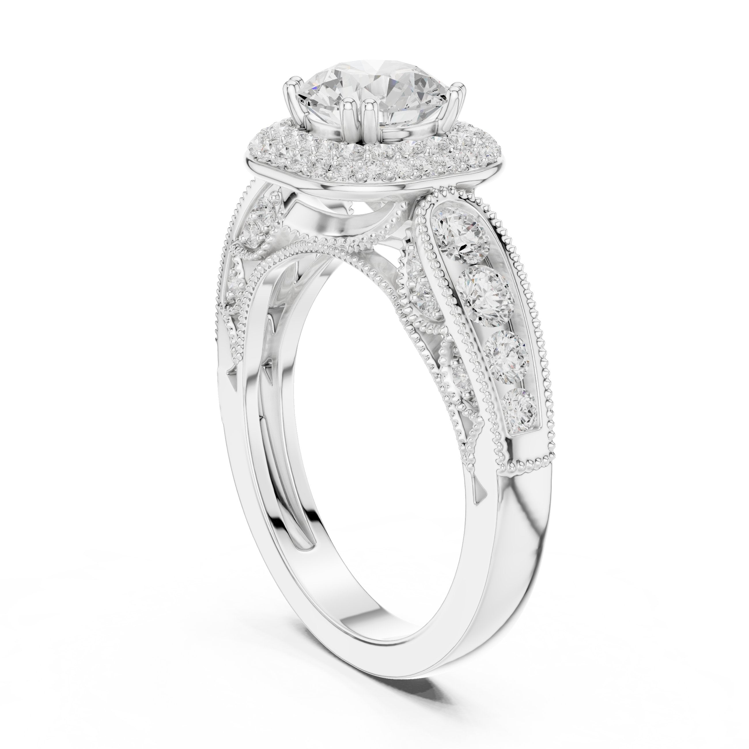 Round Diamond Cushion Halo Engagement Ring with Decorative Pavé Band in White Gold - VYKA Diamonds