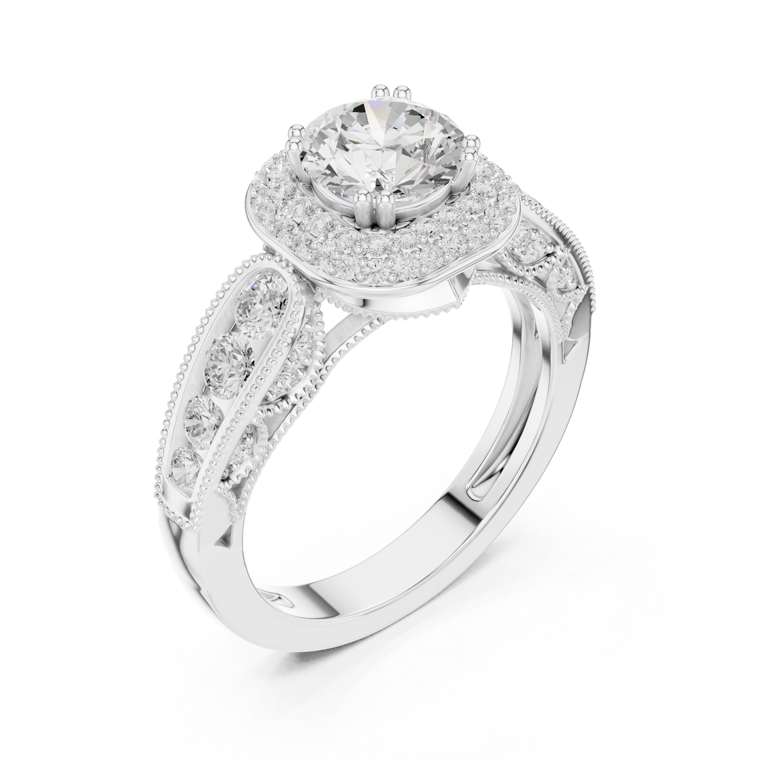 Round Diamond Cushion Halo Engagement Ring with Decorative Pavé Band in White Gold - VYKA Diamonds