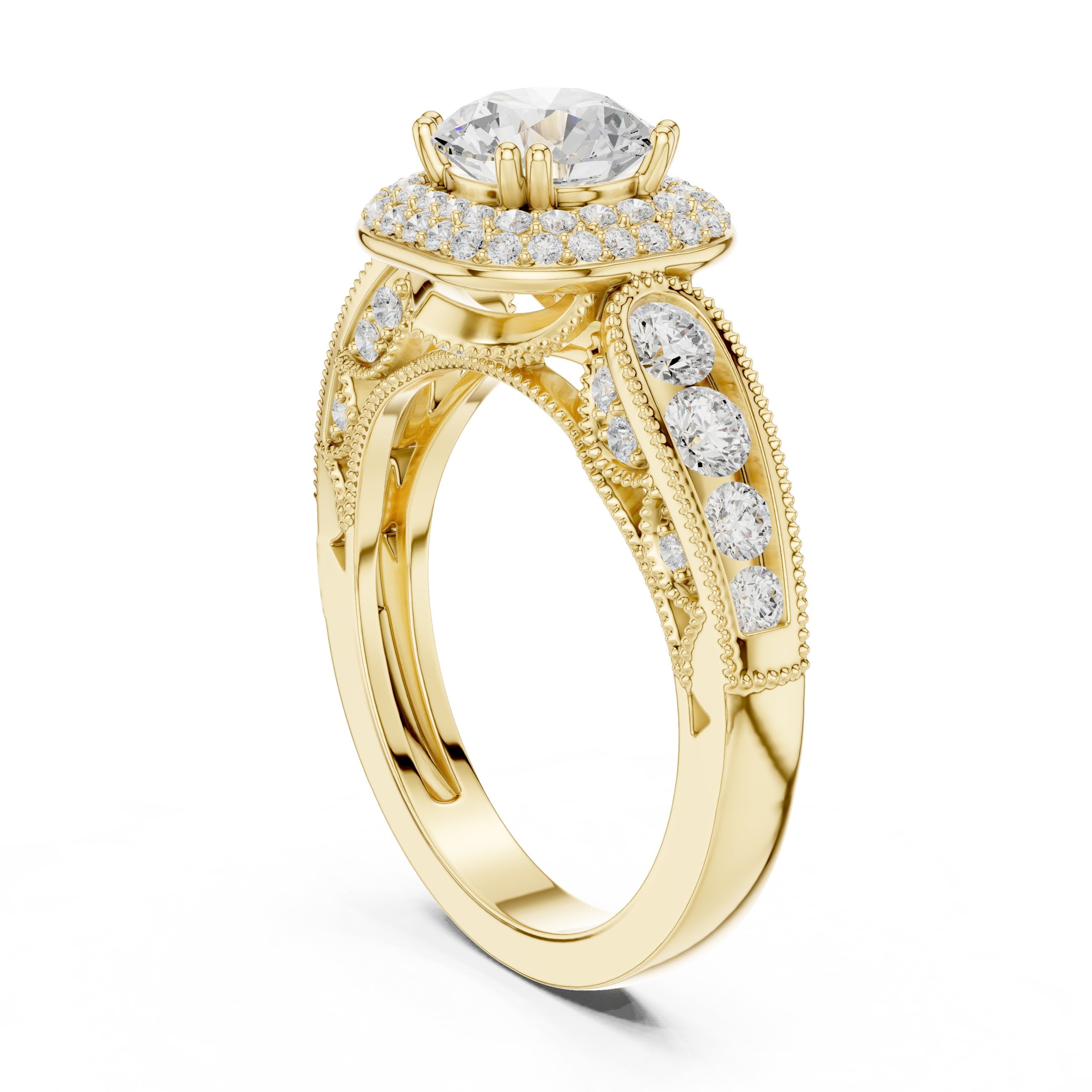 Round Diamond Cushion Halo Engagement Ring with Decorative Pavé Band in Yellow Gold - VYKA Diamonds