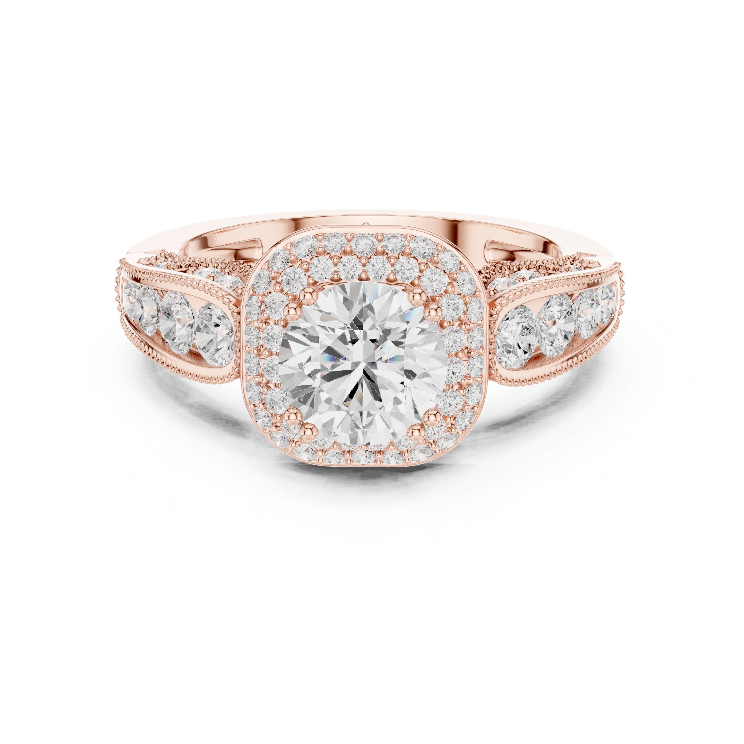 Round Diamond Cushion Halo Engagement Ring with Decorative Pavé Band in Rose Gold - VYKA Diamonds