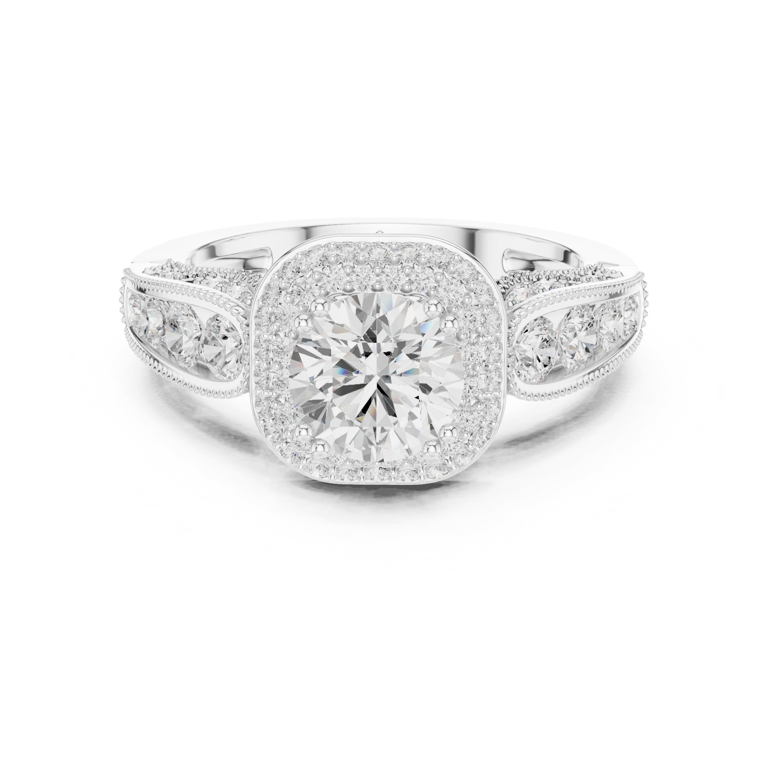 Round Diamond Cushion Halo Engagement Ring with Decorative Pavé Band in White Gold - VYKA Diamonds