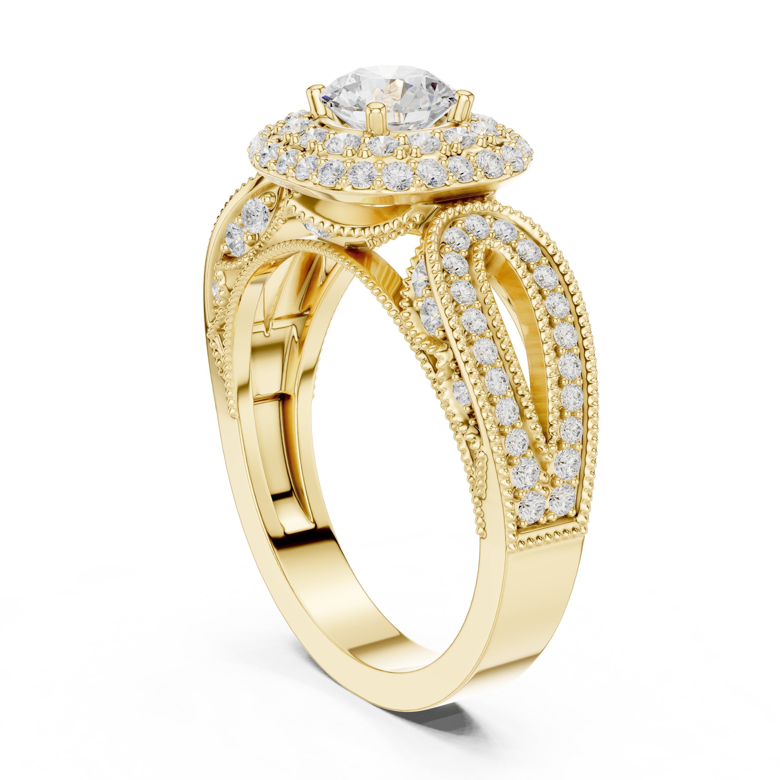 خاتم خطوبة بهالة مزدوجة من الألماس المستدير مع سوار زخرفي in Yellow Gold - VYKA Diamonds