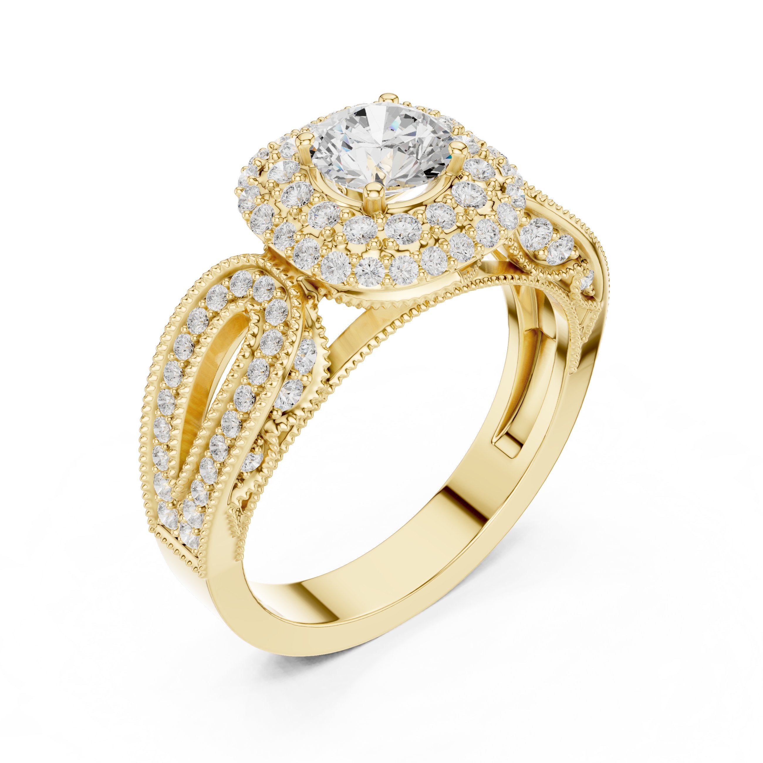 خاتم خطوبة بهالة مزدوجة من الألماس المستدير مع سوار زخرفي in Yellow Gold - VYKA Diamonds