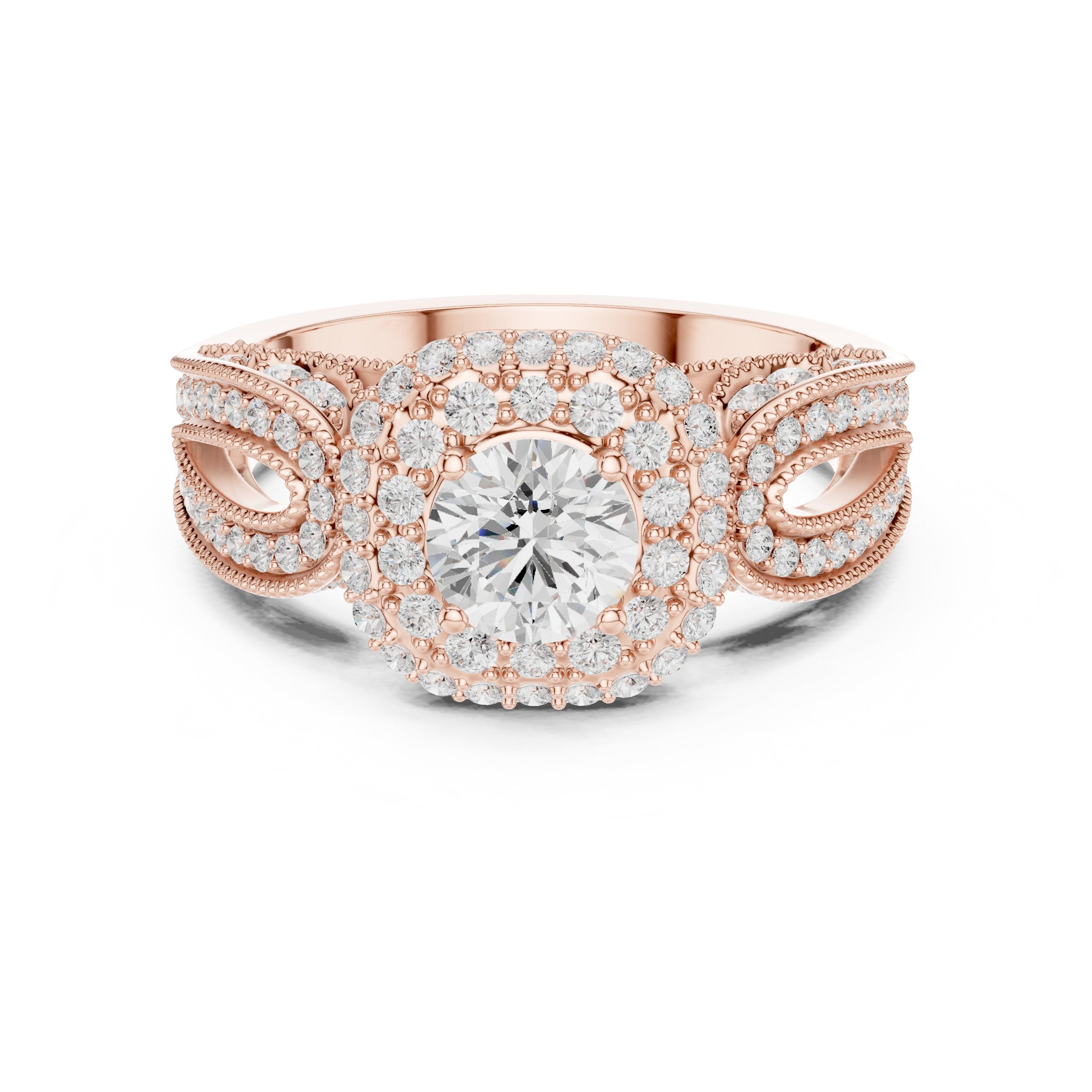 خاتم خطوبة بهالة مزدوجة من الألماس المستدير مع سوار زخرفي in Rose Gold - VYKA Diamonds