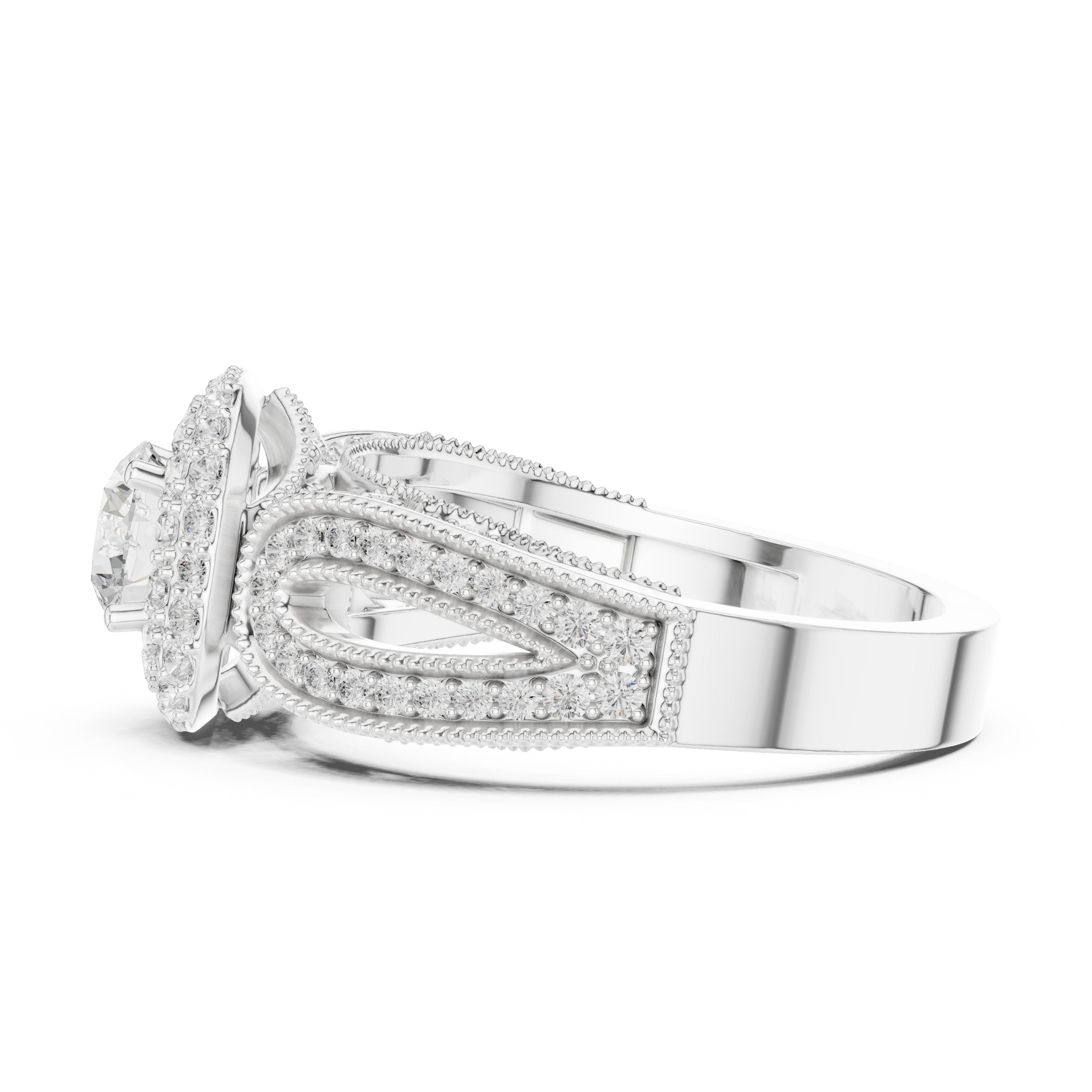 خاتم خطوبة بهالة مزدوجة من الألماس المستدير مع سوار زخرفي in White Gold - VYKA Diamonds
