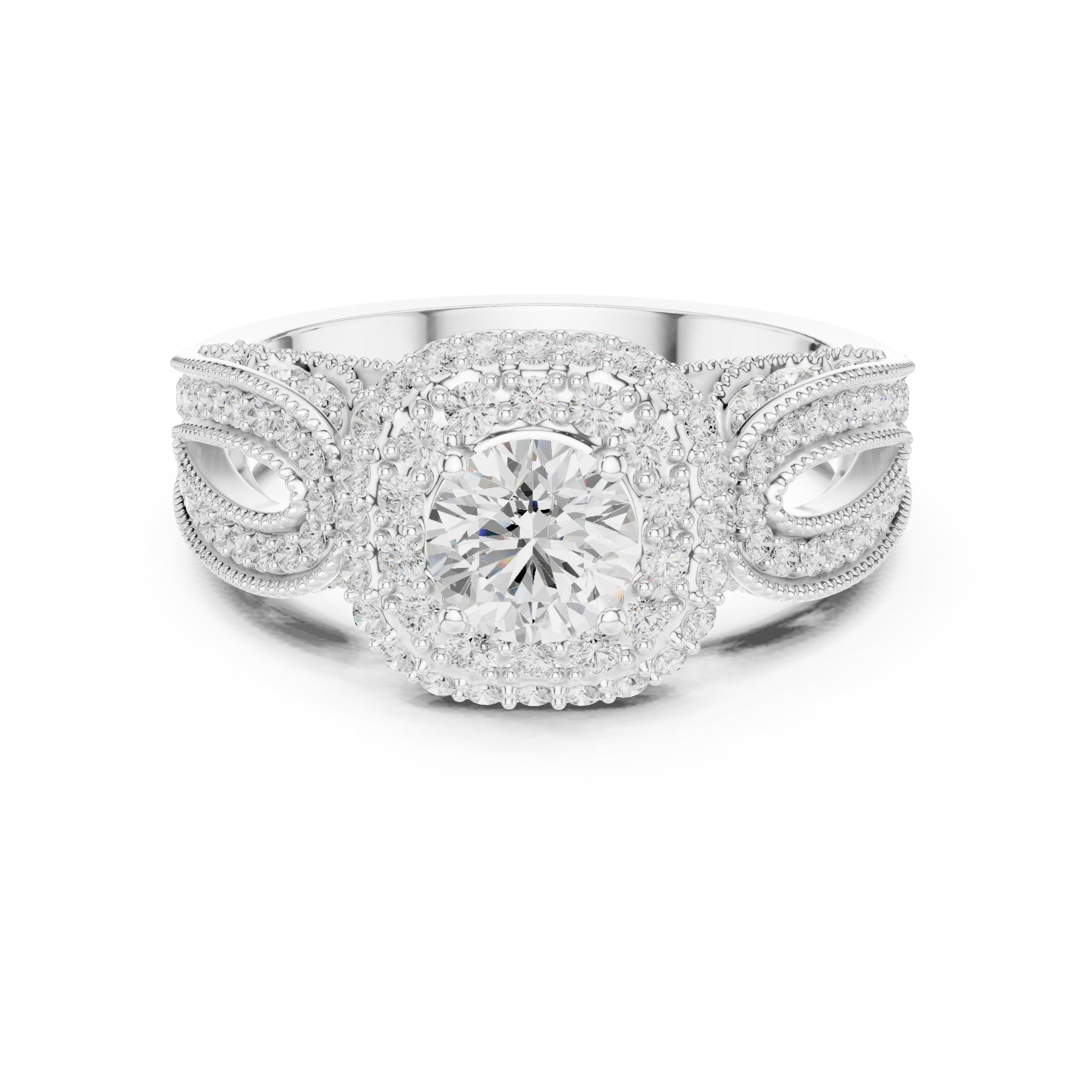 خاتم خطوبة بهالة مزدوجة من الألماس المستدير مع سوار زخرفي in White Gold - VYKA Diamonds