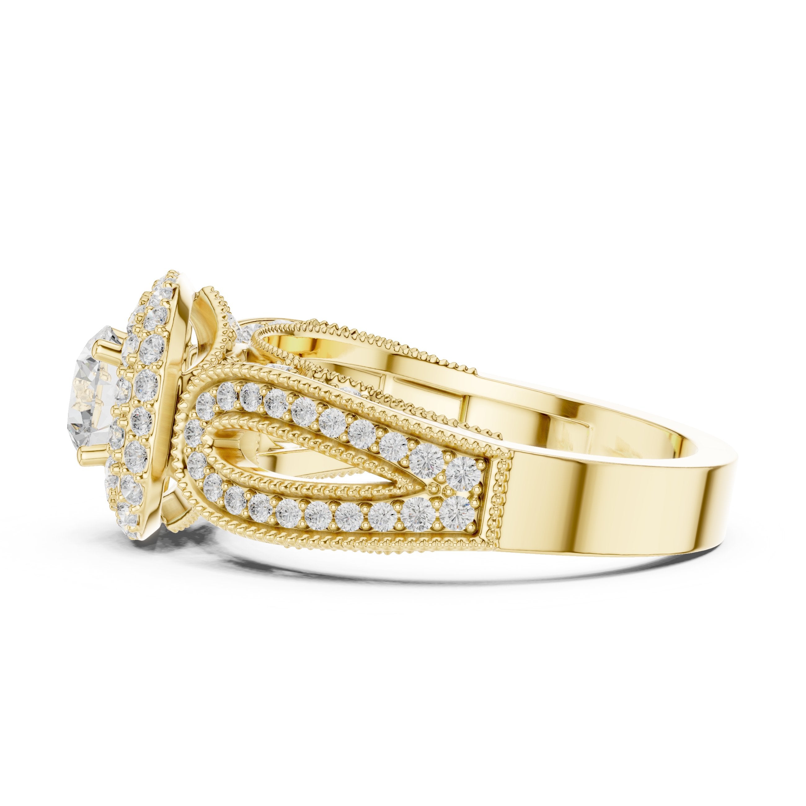 خاتم خطوبة بهالة مزدوجة من الألماس المستدير مع سوار زخرفي in Yellow Gold - VYKA Diamonds