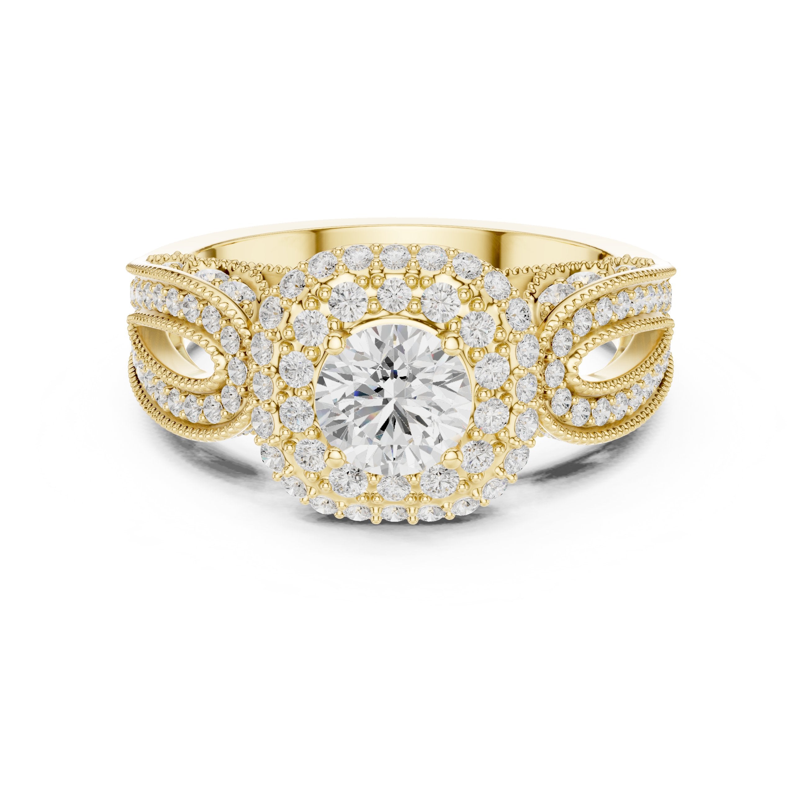 خاتم خطوبة بهالة مزدوجة من الألماس المستدير مع سوار زخرفي in Yellow Gold - VYKA Diamonds