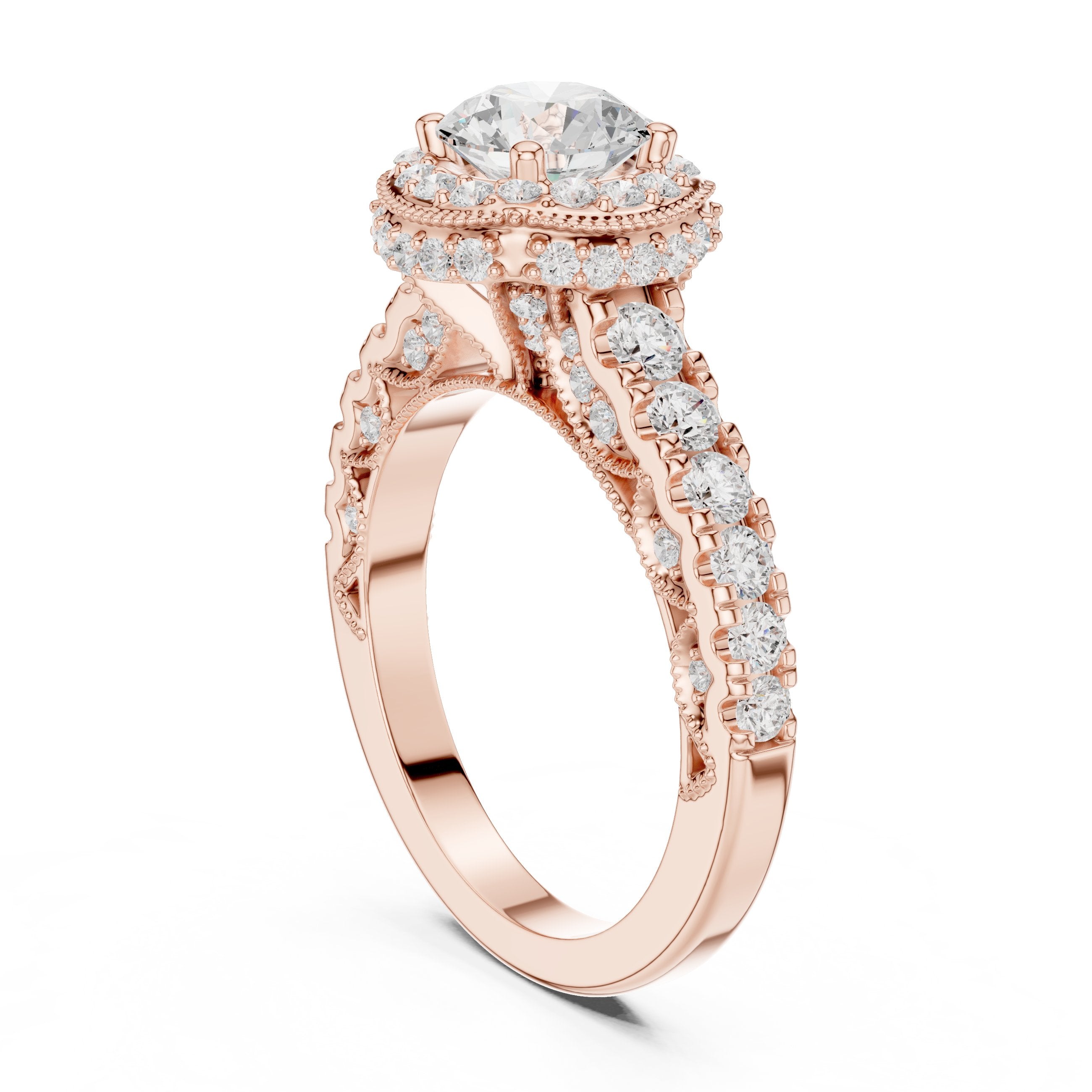 Round Diamond Halo Engagement Ring with Multi-Row Pavé Band in Rose Gold - VYKA Diamonds