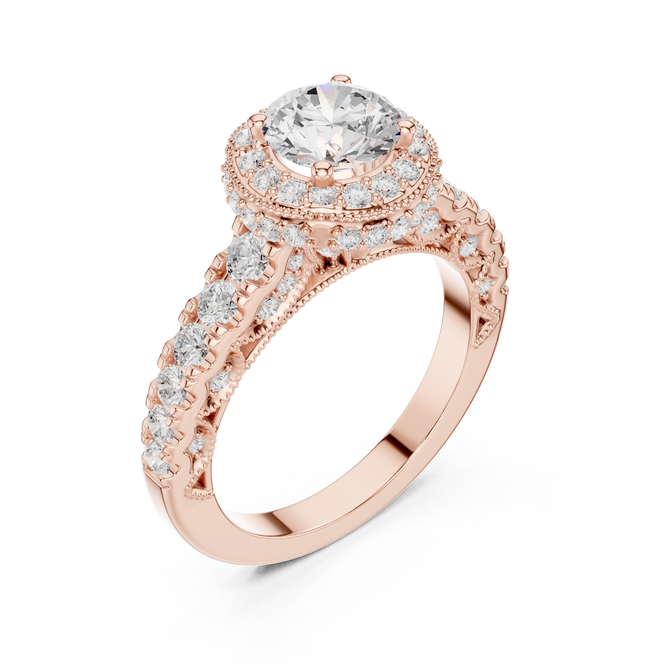 Round Diamond Halo Engagement Ring with Multi-Row Pavé Band in Rose Gold - VYKA Diamonds