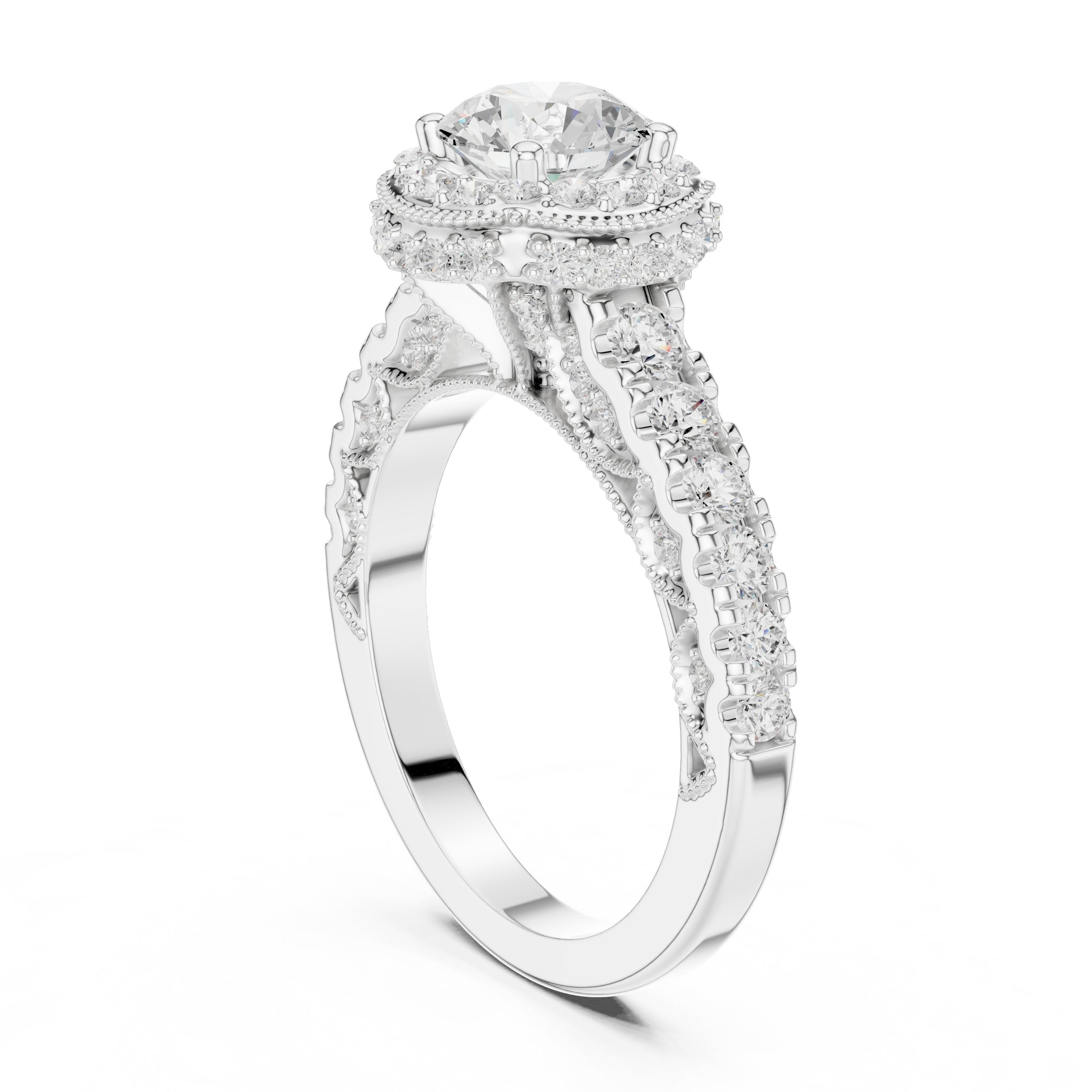 Round Diamond Halo Engagement Ring with Multi-Row Pavé Band in White Gold - VYKA Diamonds