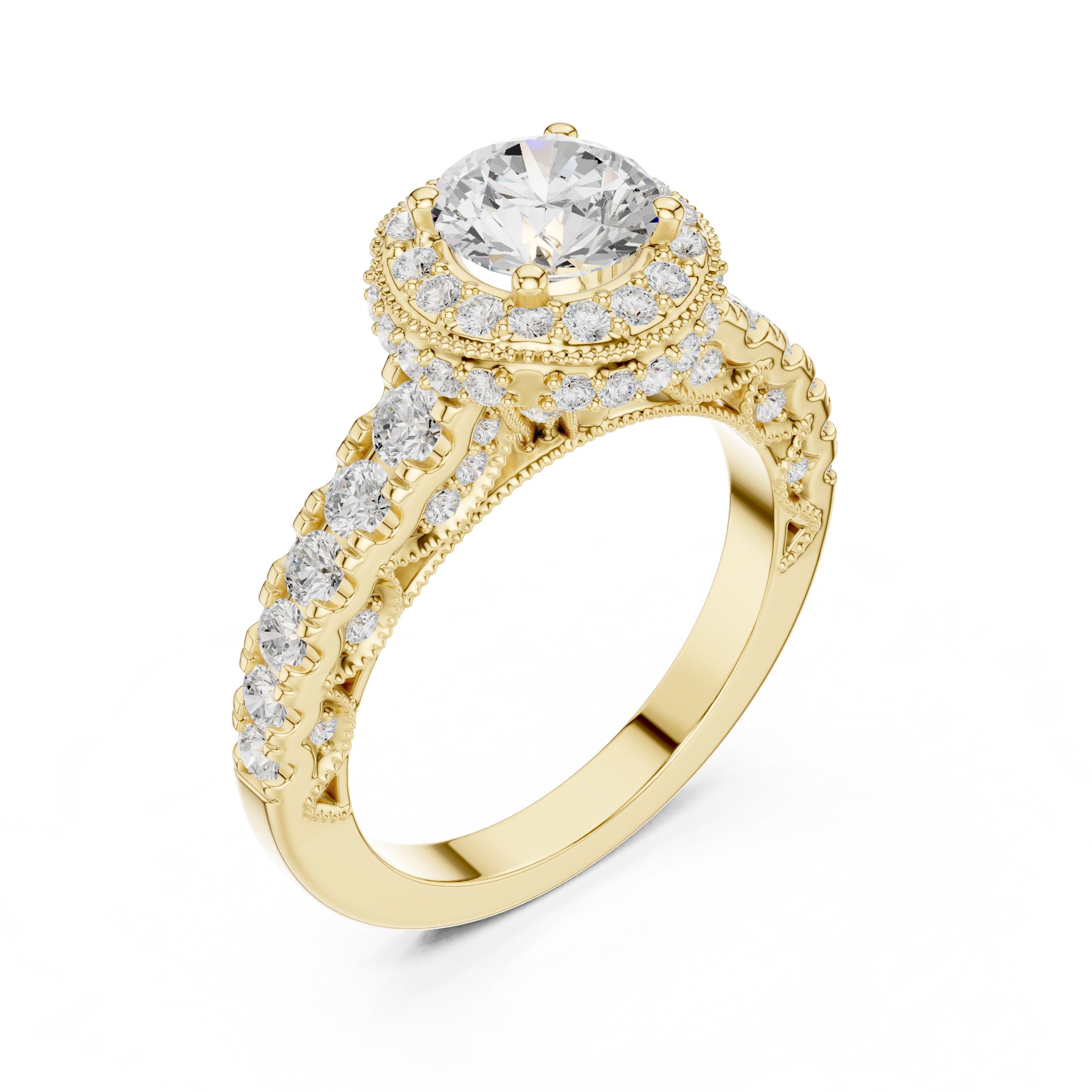 Round Diamond Halo Engagement Ring with Multi-Row Pavé Band in Yellow Gold - VYKA Diamonds