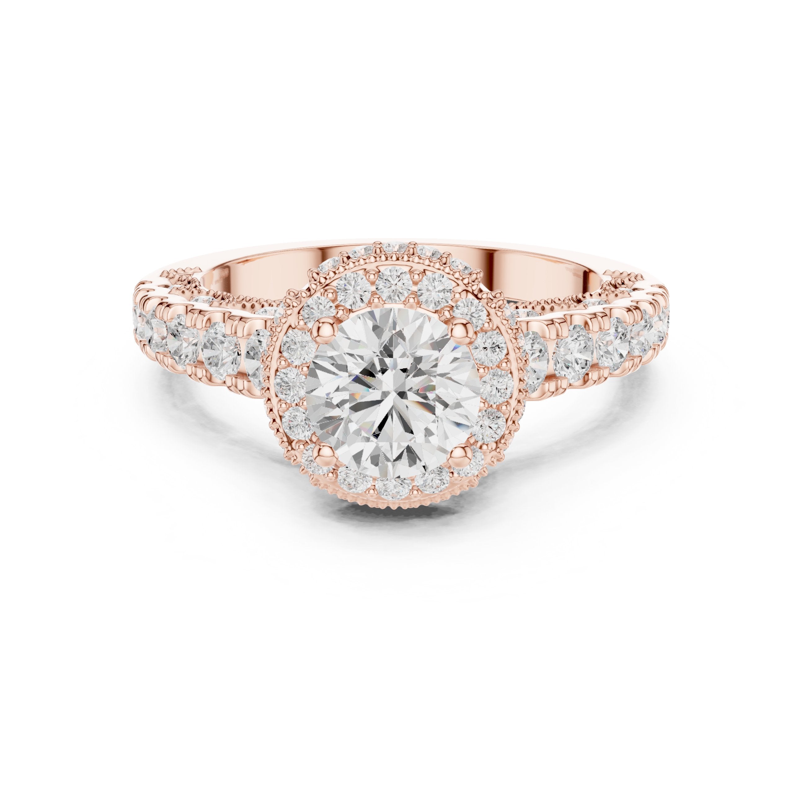 Round Diamond Halo Engagement Ring with Multi-Row Pavé Band in Rose Gold - VYKA Diamonds