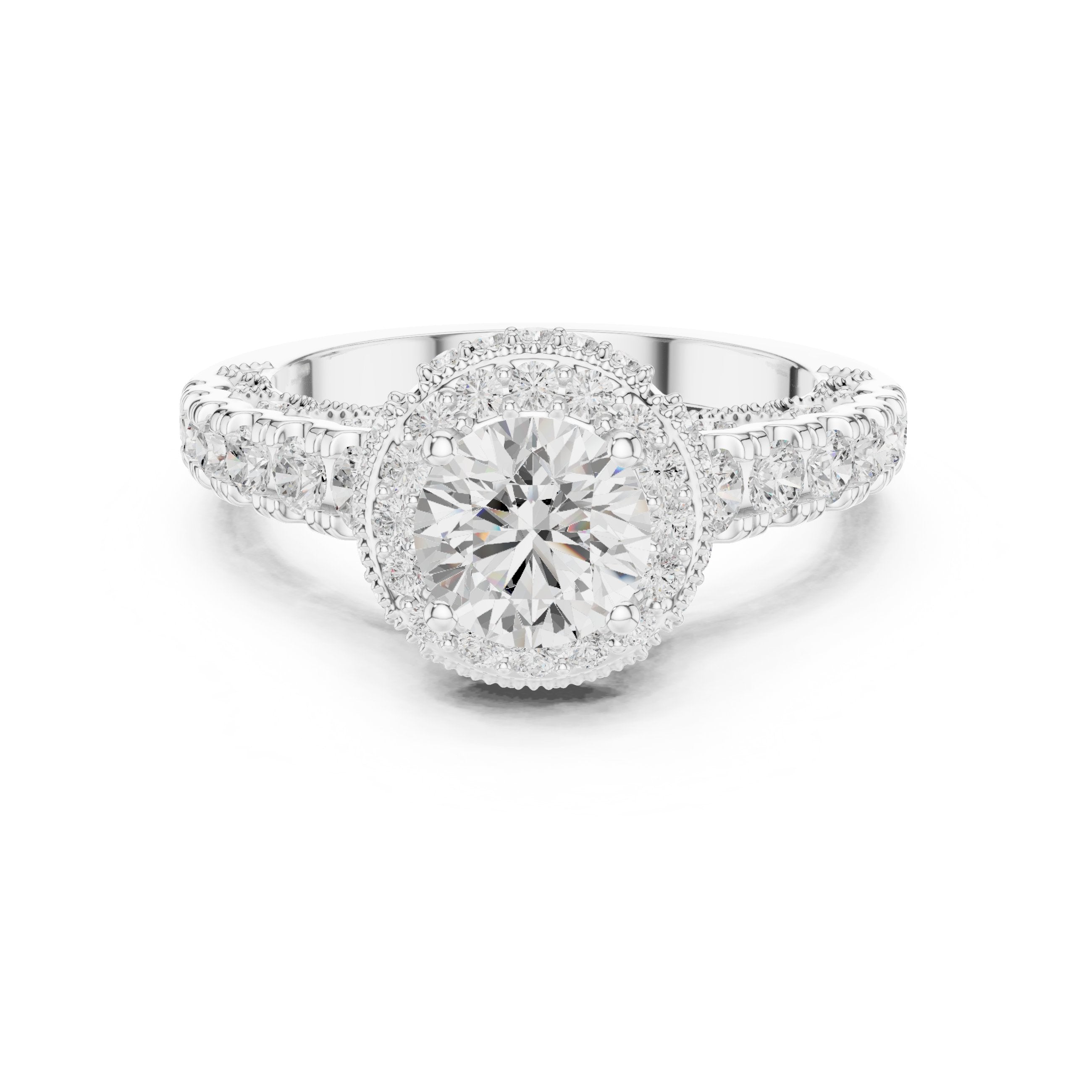 Round Diamond Halo Engagement Ring with Multi-Row Pavé Band in White Gold - VYKA Diamonds