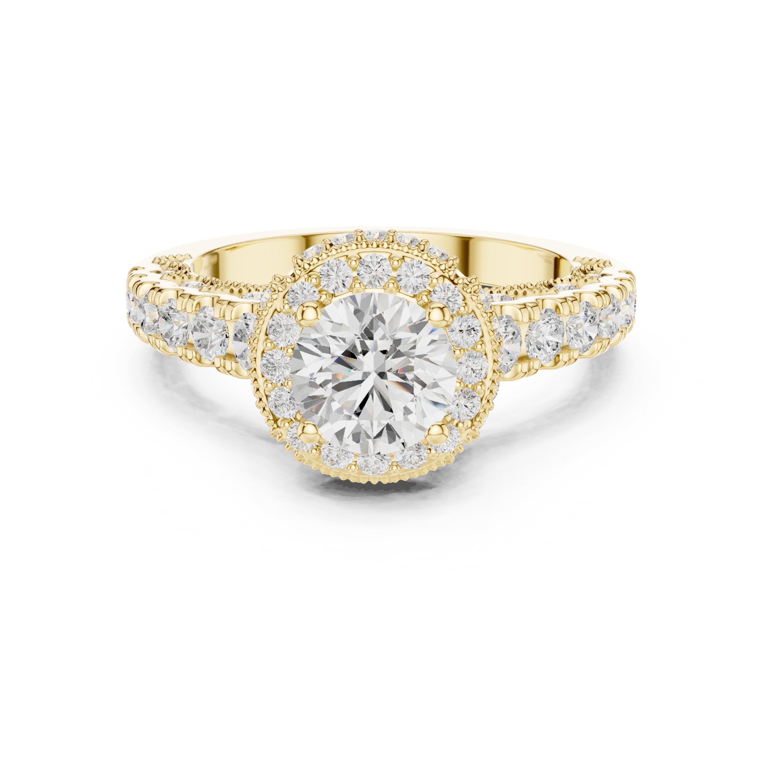 Round Diamond Halo Engagement Ring with Multi-Row Pavé Band in Yellow Gold - VYKA Diamonds