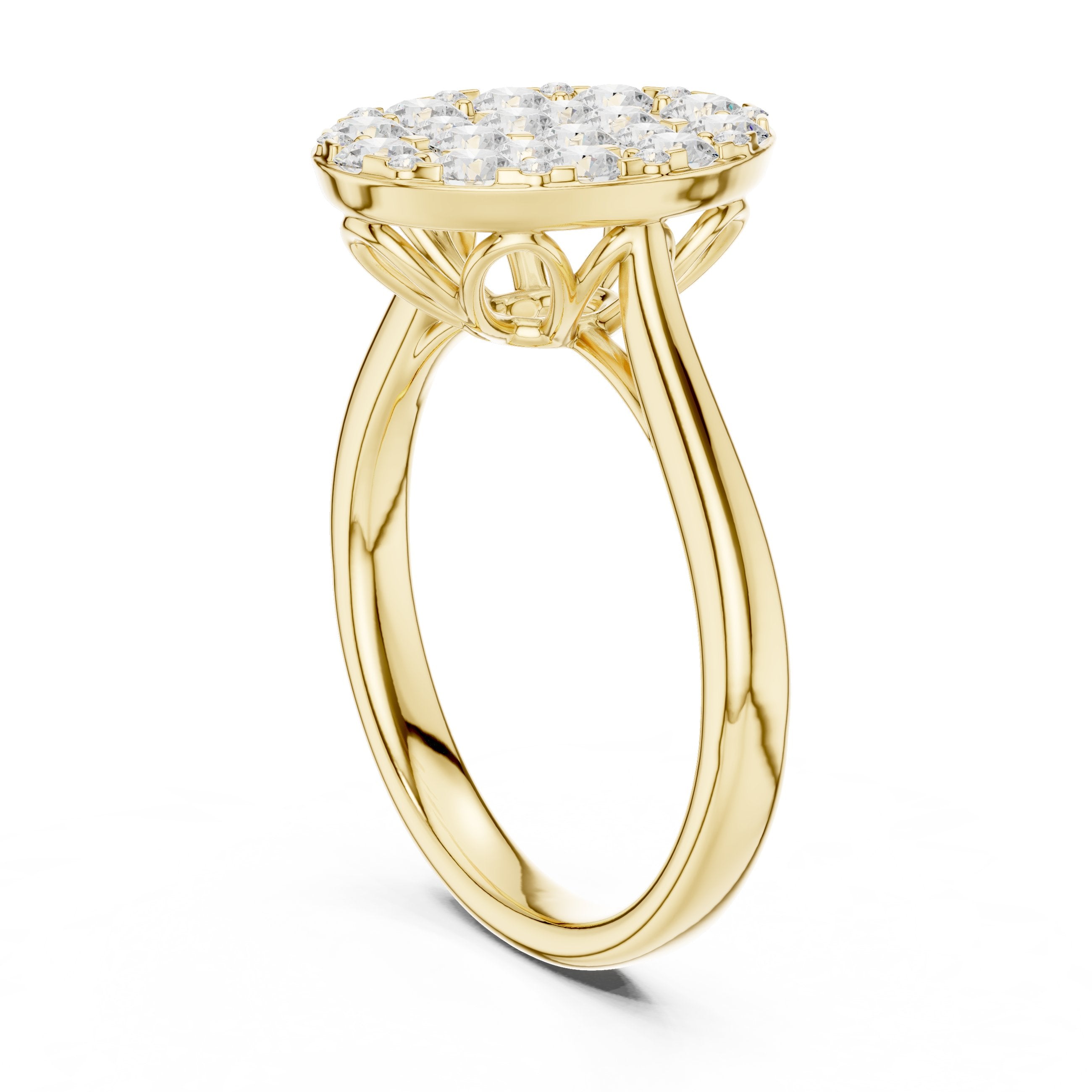 Round Diamond Oval Pavé Cluster Engagement Ring in Yellow Gold - VYKA Diamonds