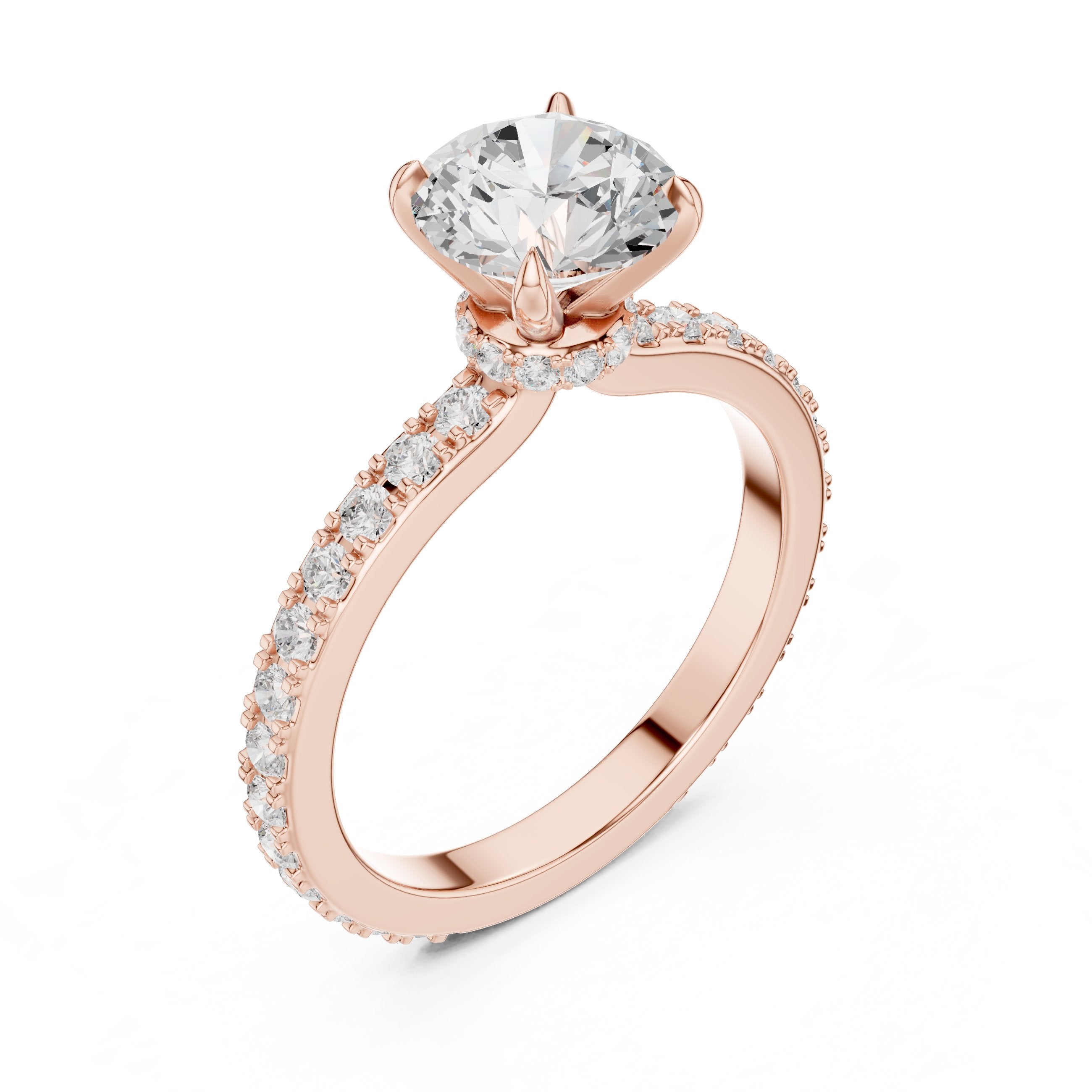Round Diamond Engagement Ring with Pavé Band in Rose Gold - VYKA Diamonds