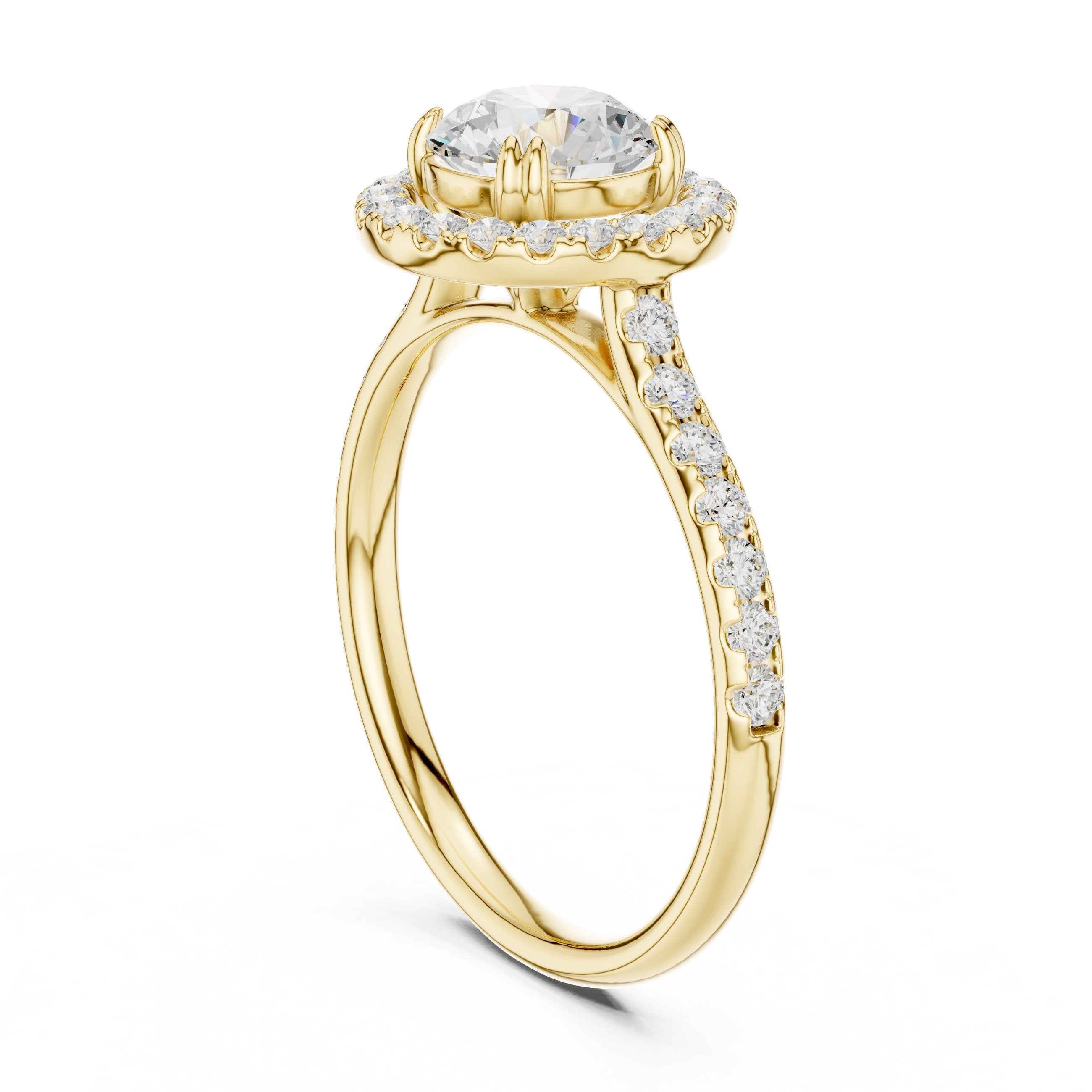 خاتم خطوبة بهالة من الألماس المستدير مع سوار بافيه in Yellow Gold - VYKA Diamonds