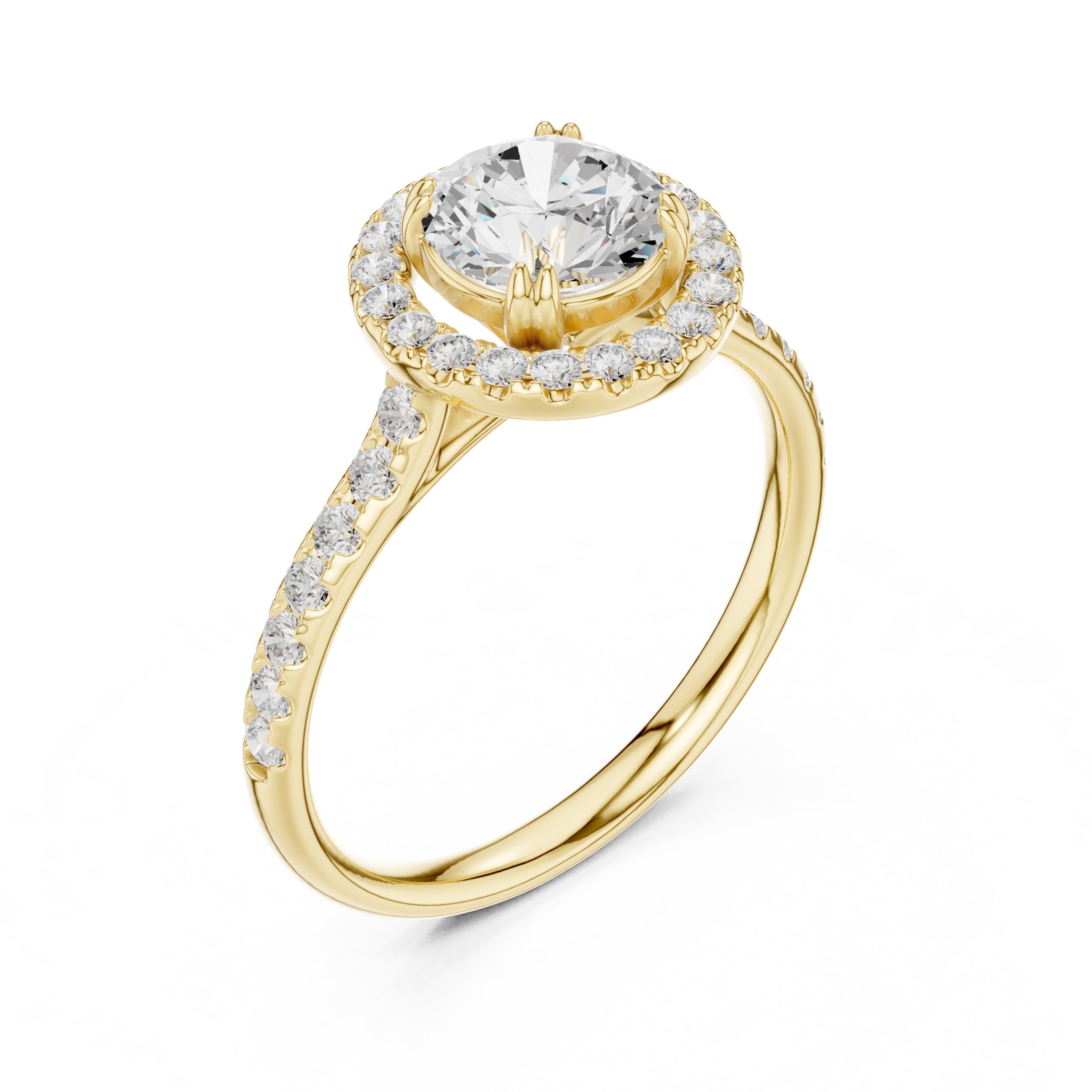 خاتم خطوبة بهالة من الألماس المستدير مع سوار بافيه in Yellow Gold - VYKA Diamonds