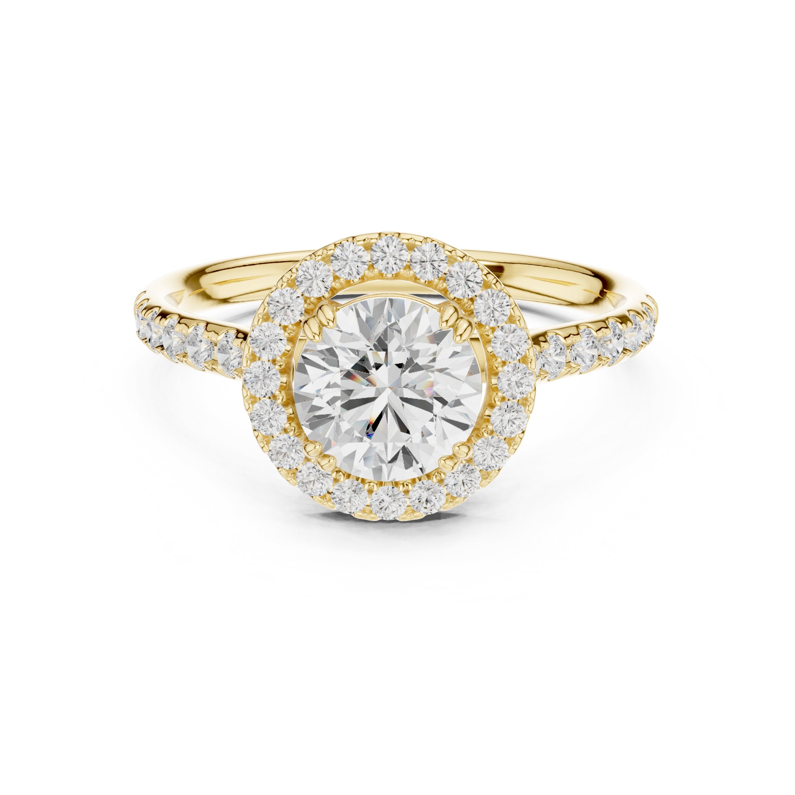خاتم خطوبة بهالة من الألماس المستدير مع سوار بافيه in Yellow Gold - VYKA Diamonds