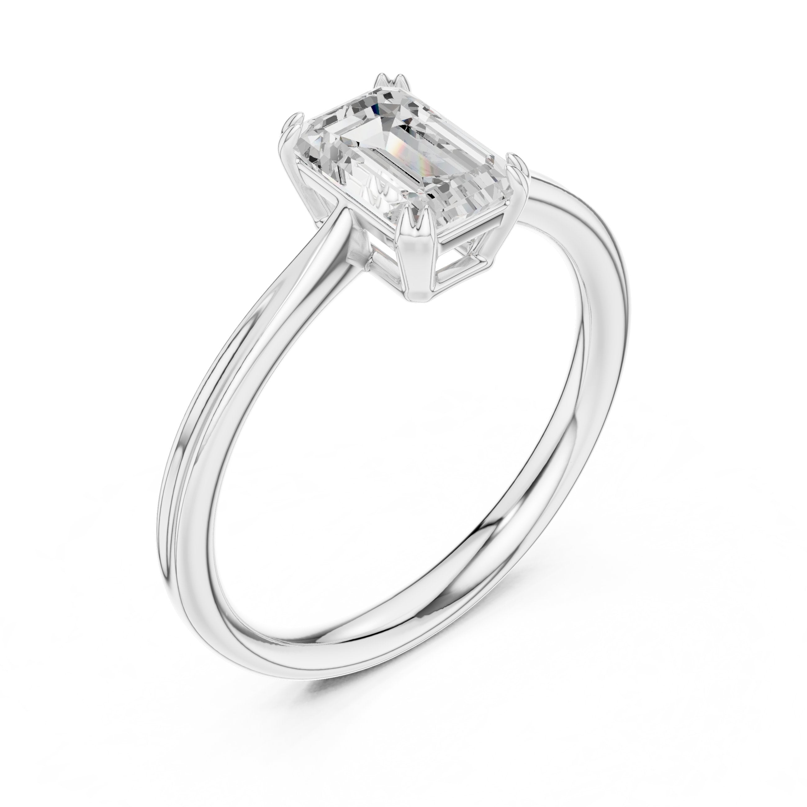 Emerald Cut Double Band Solitaire Engagement Ring in White Gold - VYKA Diamonds