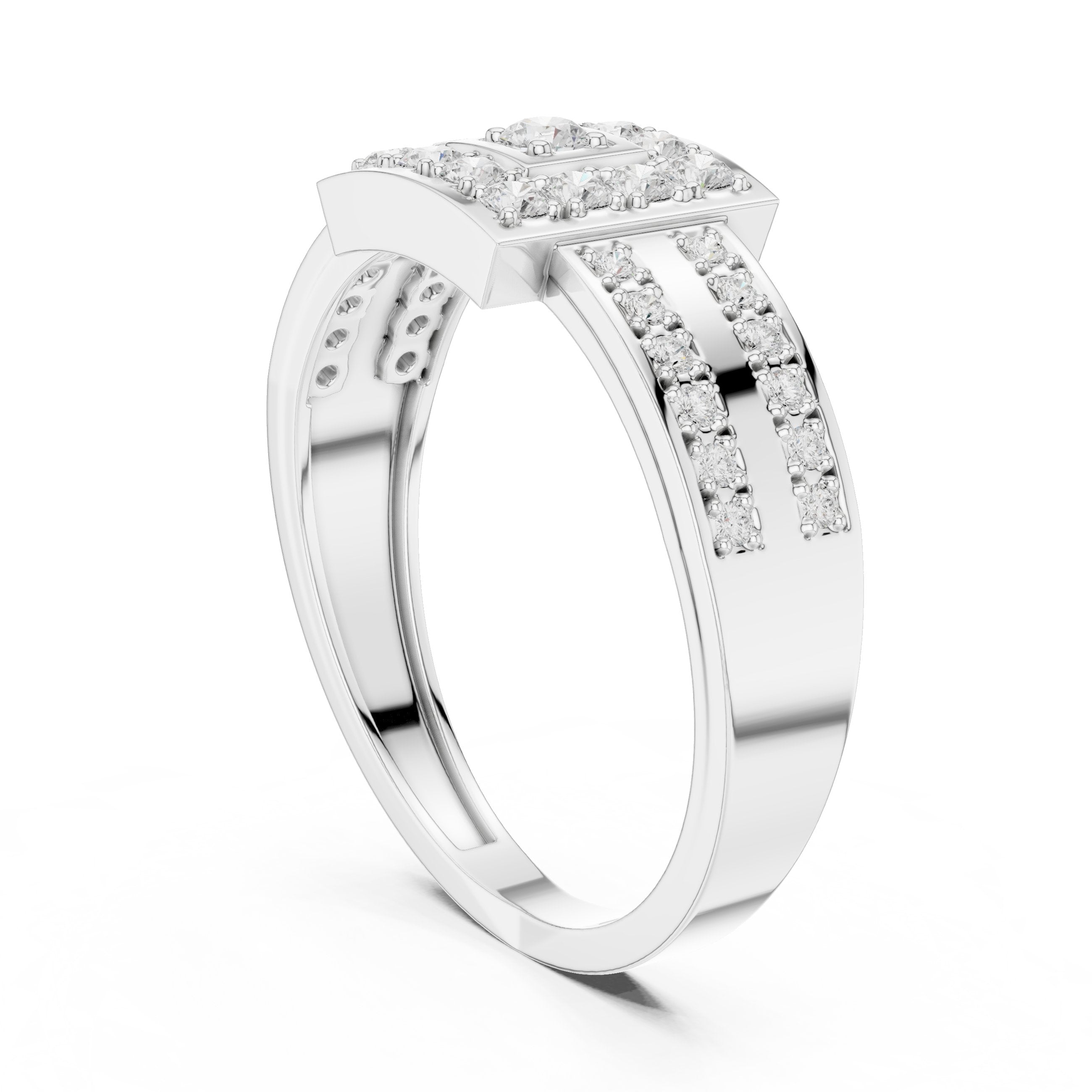 Round Diamond Constellation Signet Engagement Ring with Channel Set Pavé in White Gold - VYKA Diamonds