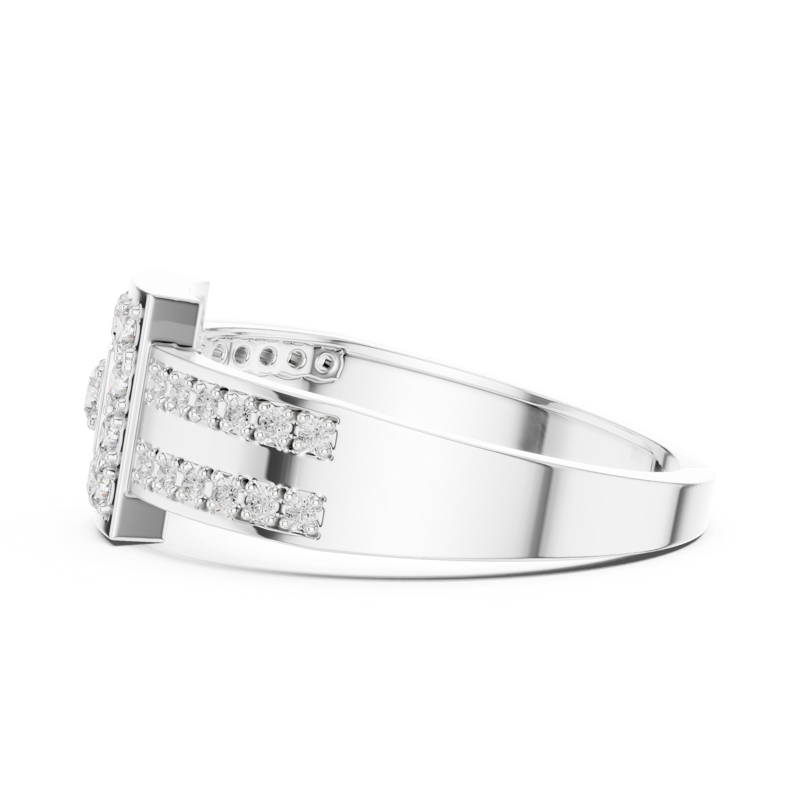 Round Diamond Constellation Signet Engagement Ring with Channel Set Pavé in White Gold - VYKA Diamonds