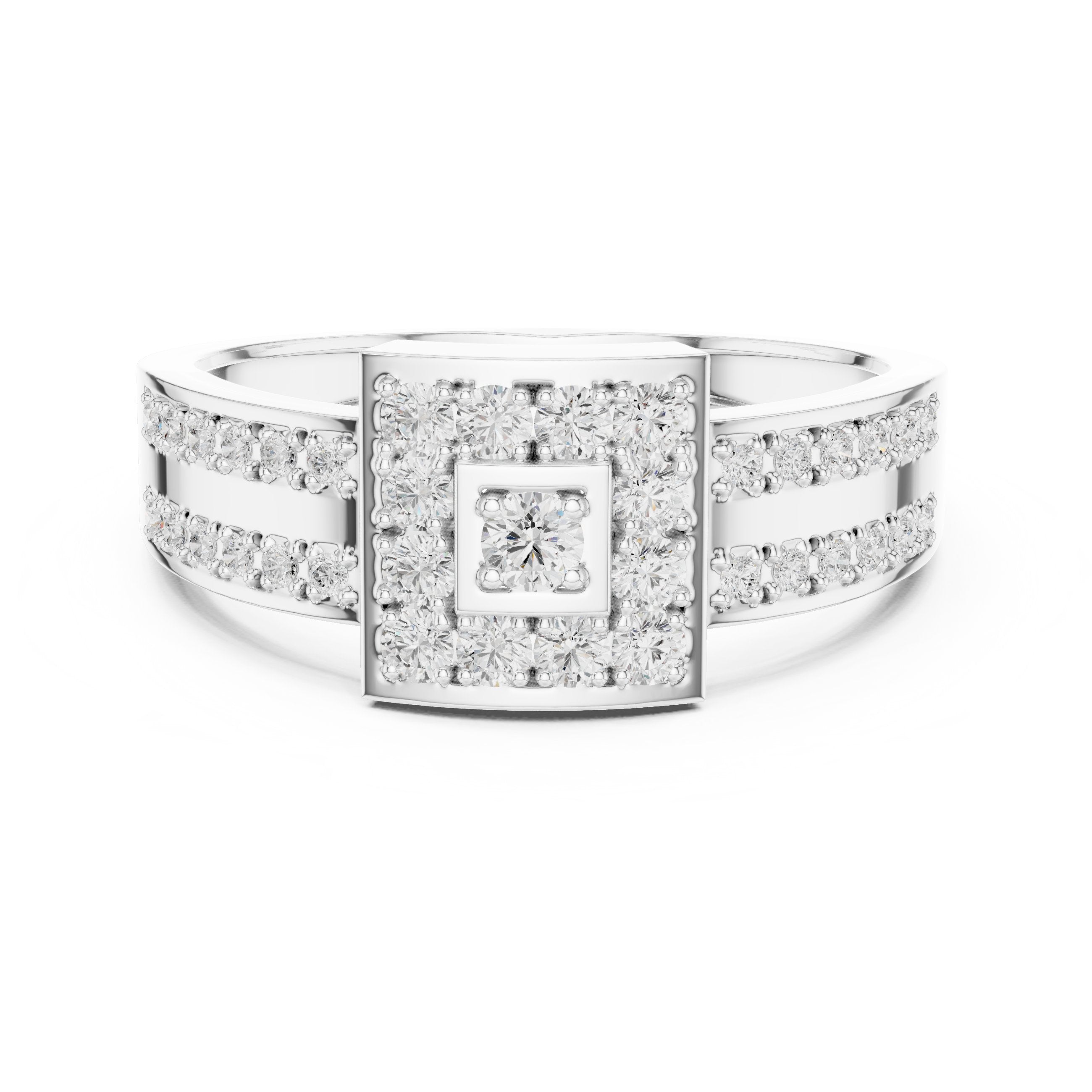 Round Diamond Constellation Signet Engagement Ring with Channel Set Pavé in White Gold - VYKA Diamonds