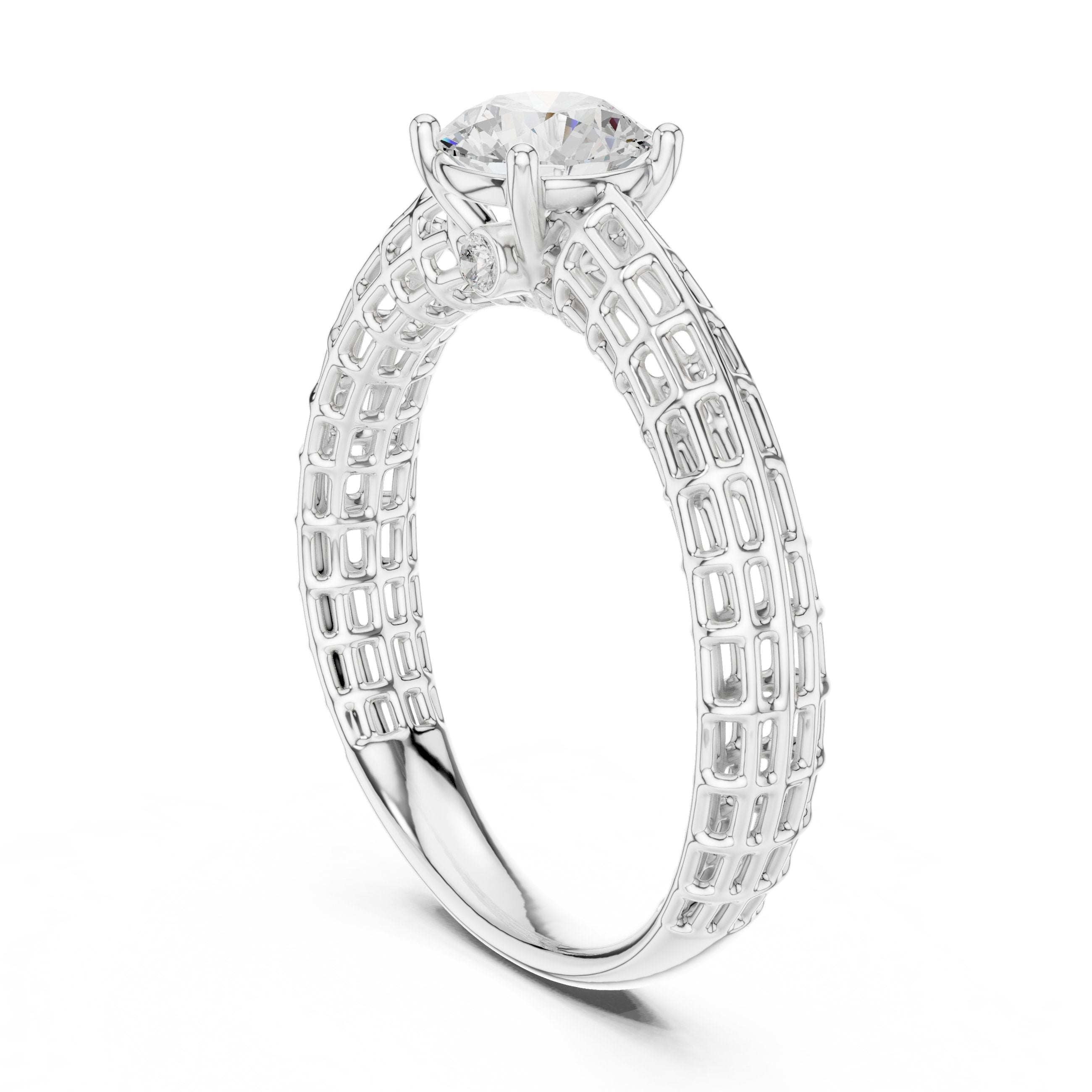 Round Diamond Three Stone Engagement Ring with Openwork Band in White Gold - VYKA Diamonds