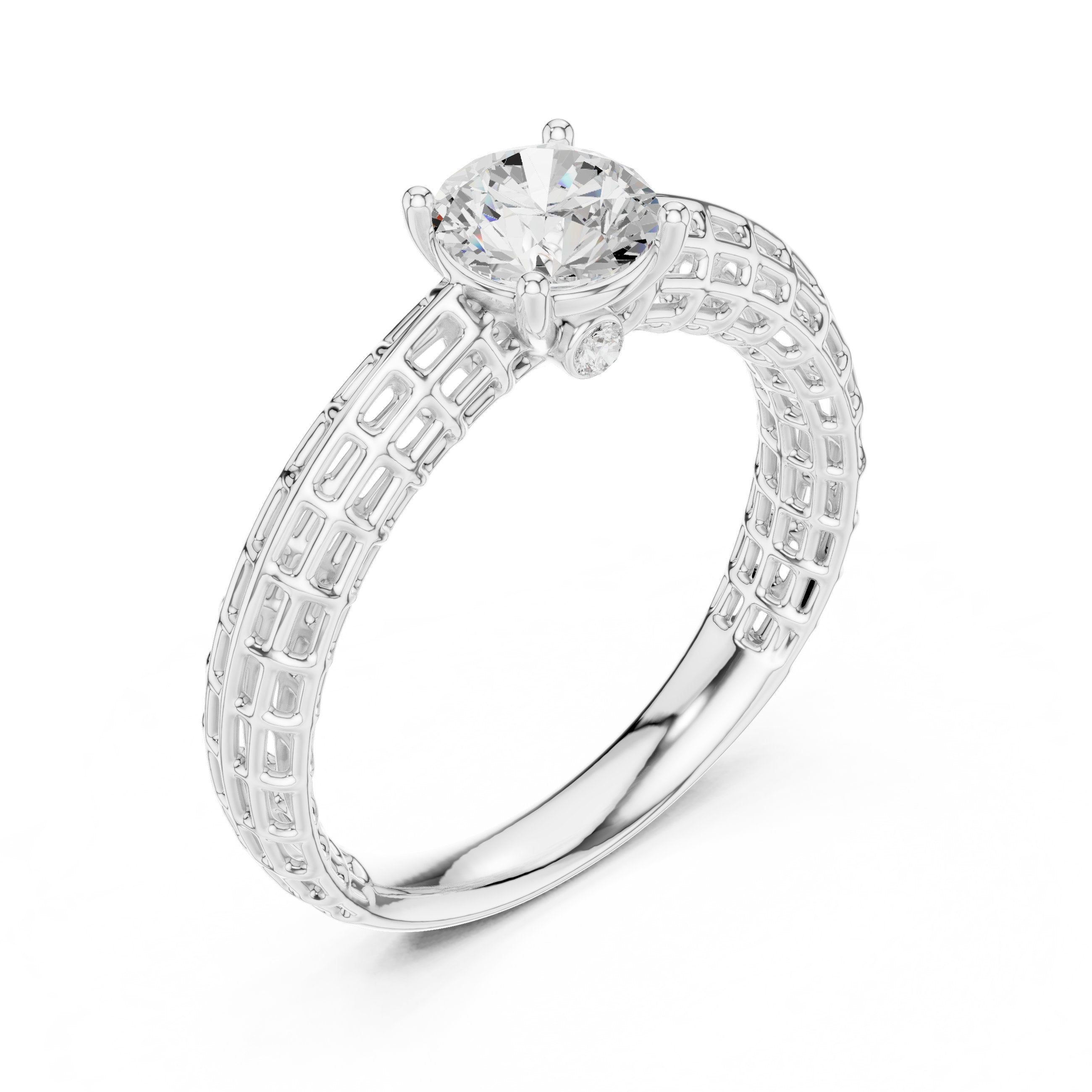Round Diamond Three Stone Engagement Ring with Openwork Band in White Gold - VYKA Diamonds