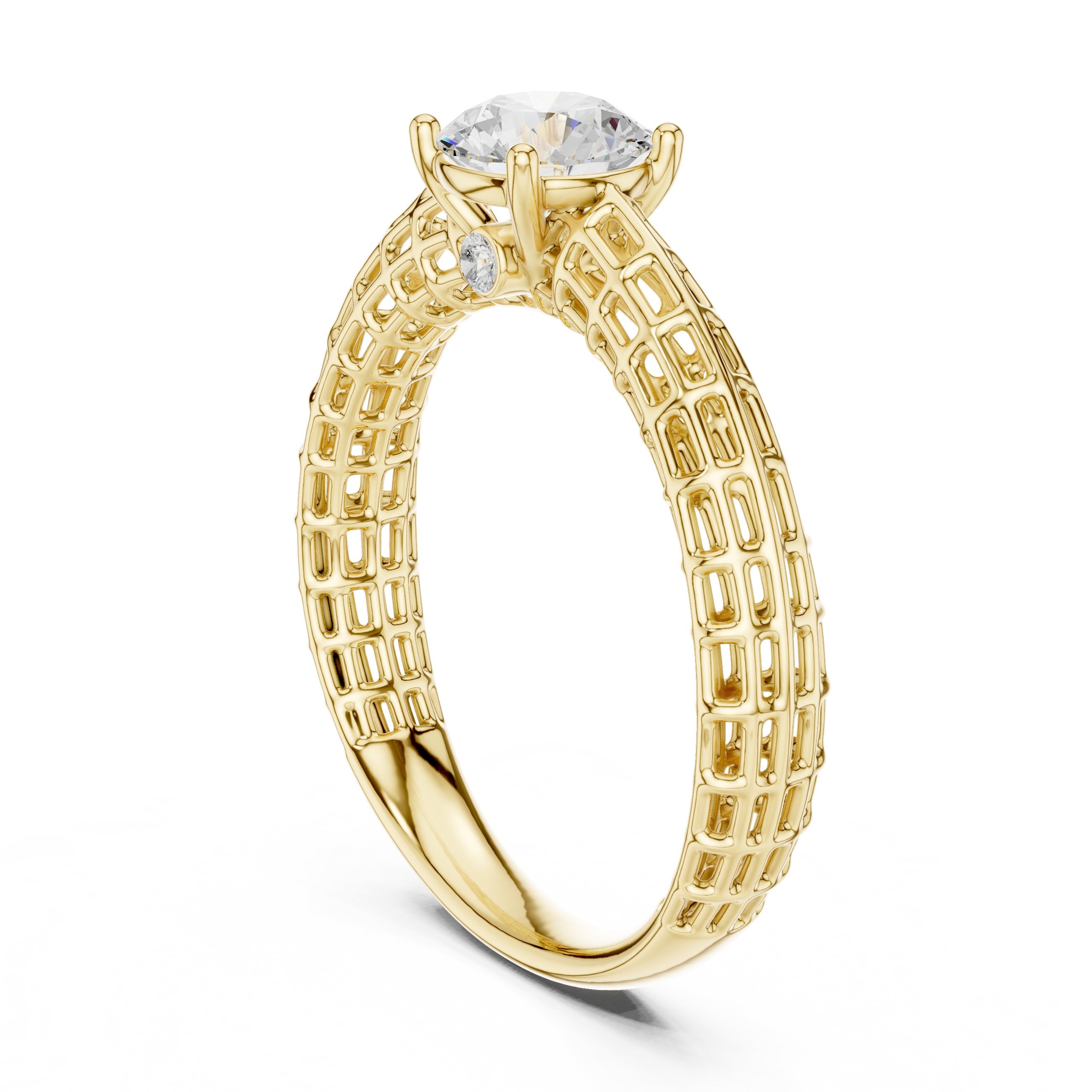 Round Diamond Three Stone Engagement Ring with Openwork Band in Yellow Gold - VYKA Diamonds