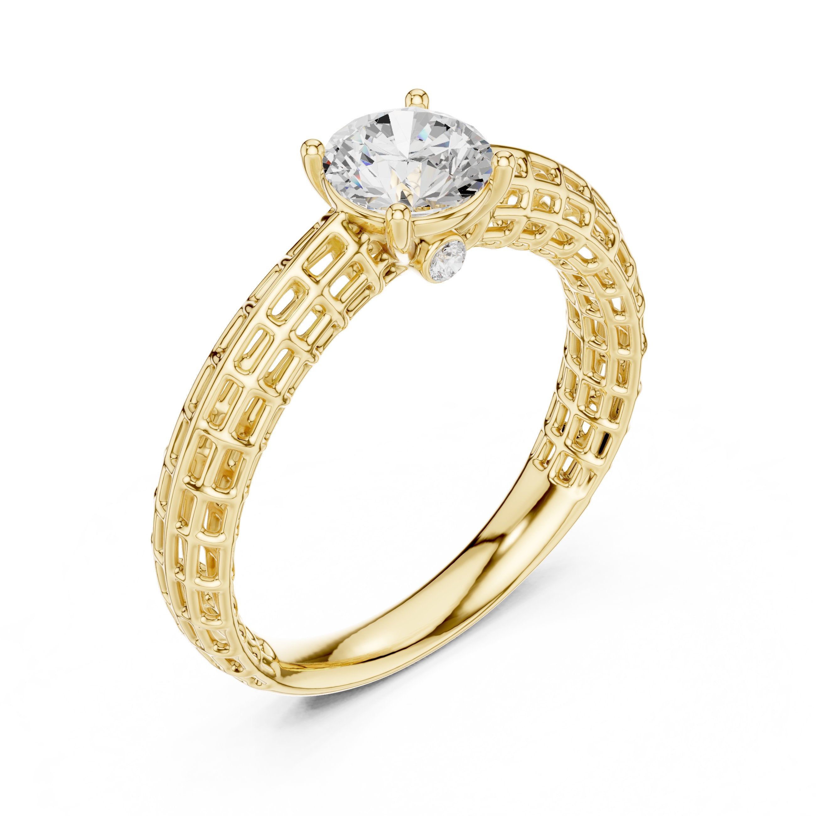 Round Diamond Three Stone Engagement Ring with Openwork Band in Yellow Gold - VYKA Diamonds