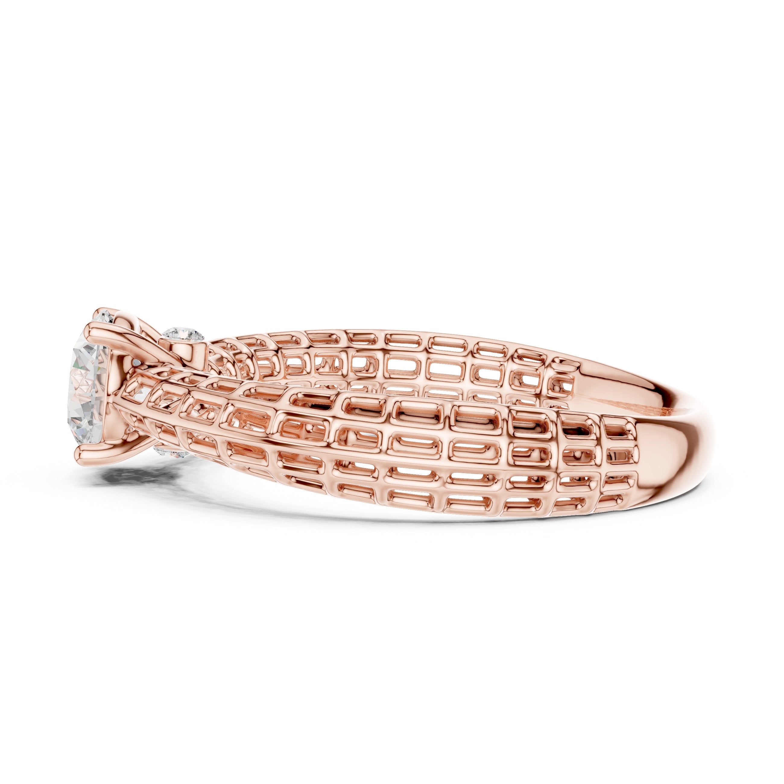Round Diamond Three Stone Engagement Ring with Openwork Band in Rose Gold - VYKA Diamonds