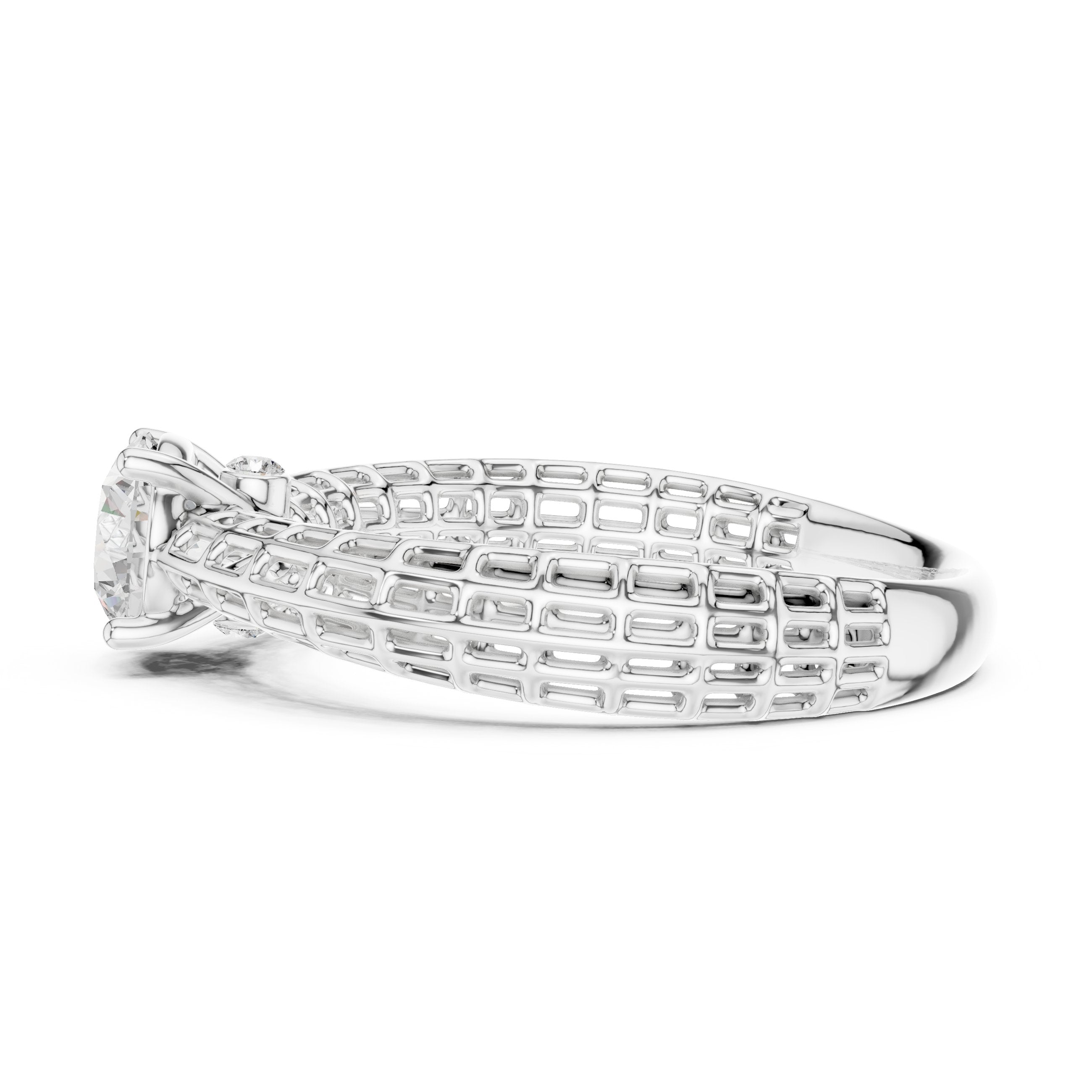 Round Diamond Three Stone Engagement Ring with Openwork Band in White Gold - VYKA Diamonds