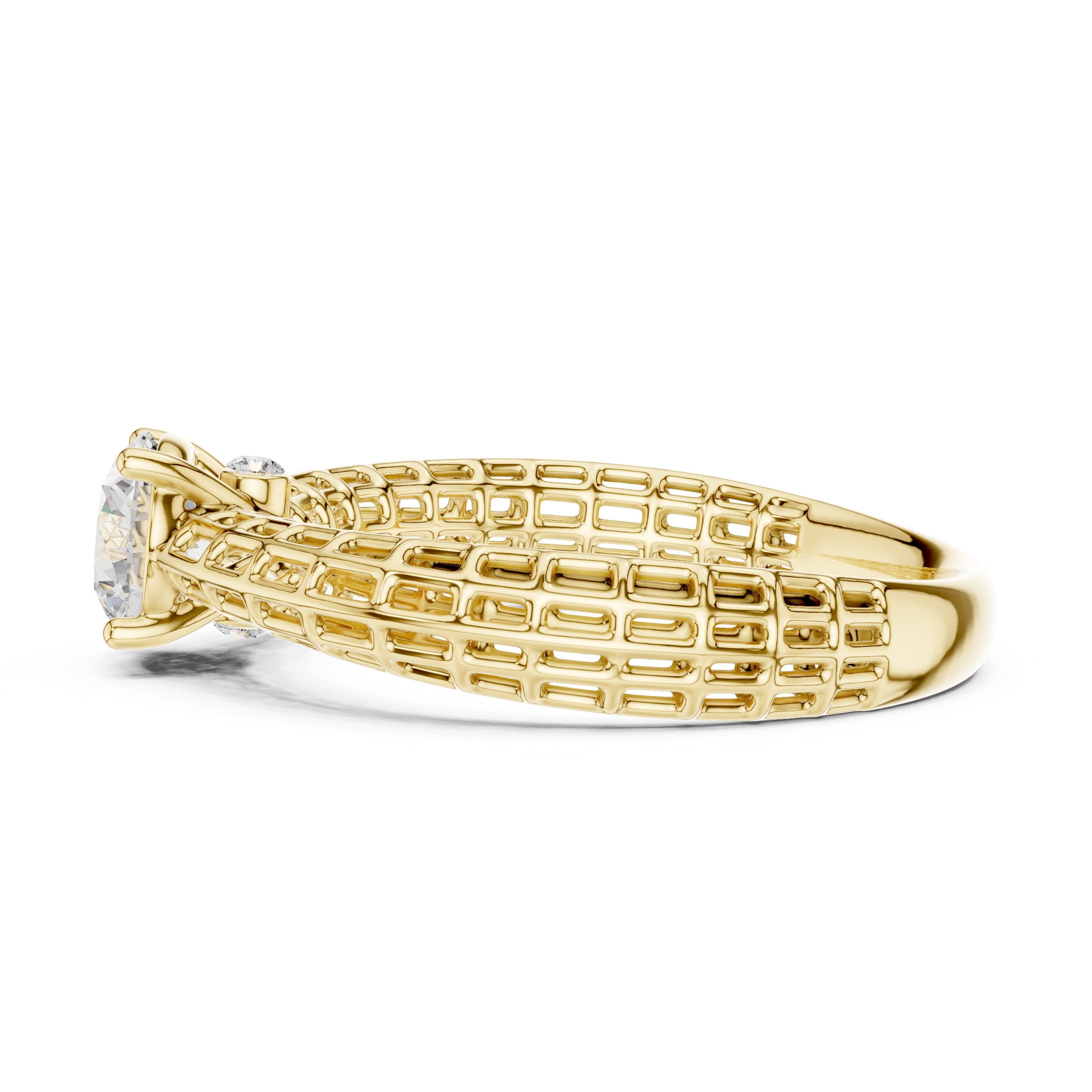 Round Diamond Three Stone Engagement Ring with Openwork Band in Yellow Gold - VYKA Diamonds