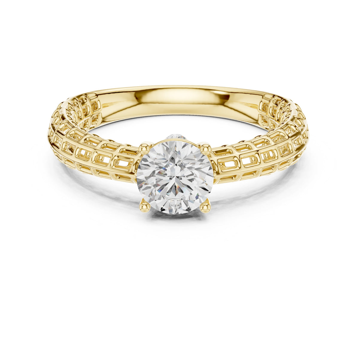 Round Diamond Three Stone Engagement Ring with Openwork Band